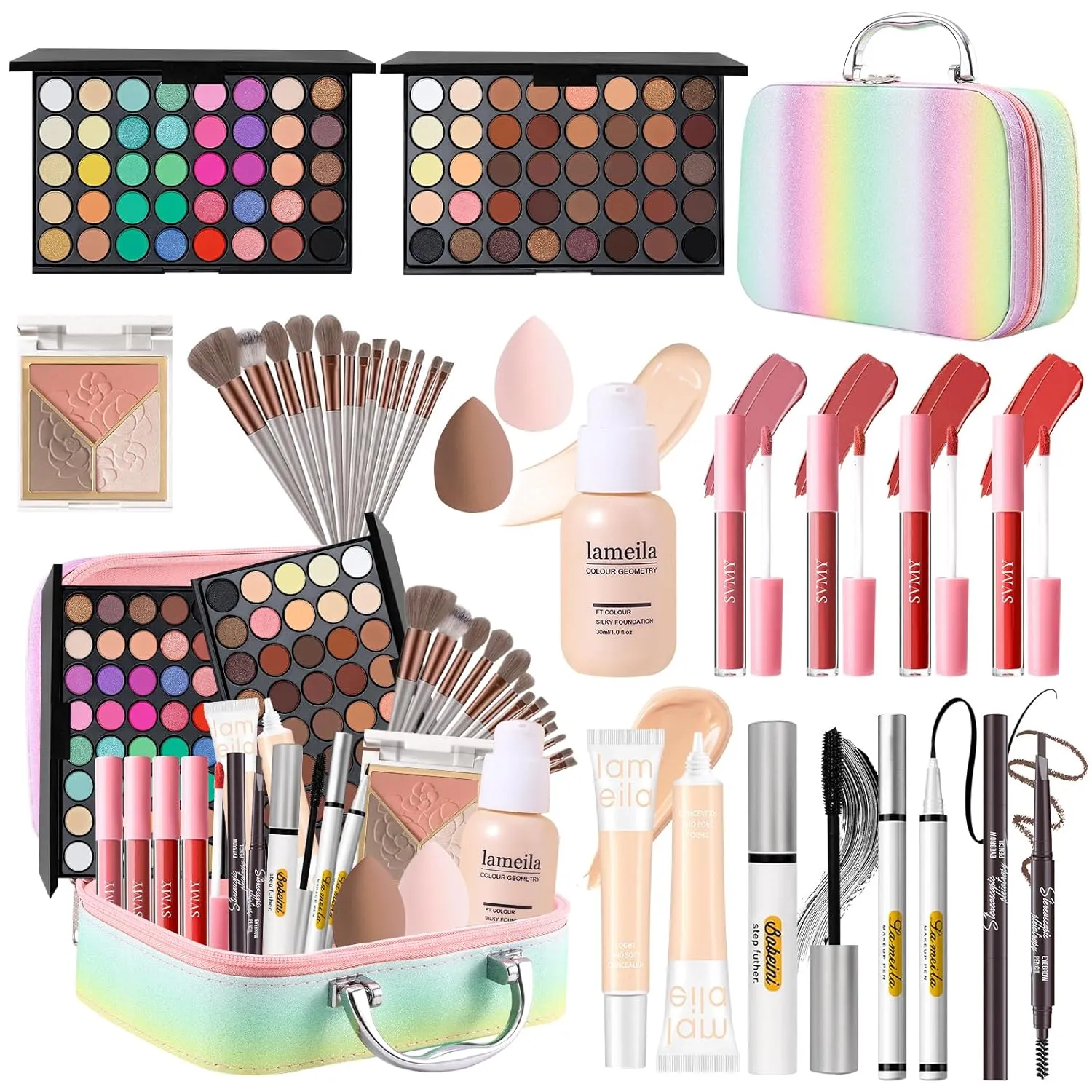 Makeup Kit for Women, Makeup Full Kit for Beginner Teen Girl, Cosmetic Bundle Include 2 Matte & Shimmer Eyeshadow Palettes, Blush Contour Highlighter Palette, Lip Gloss Set, Concealer - Rainbow Case