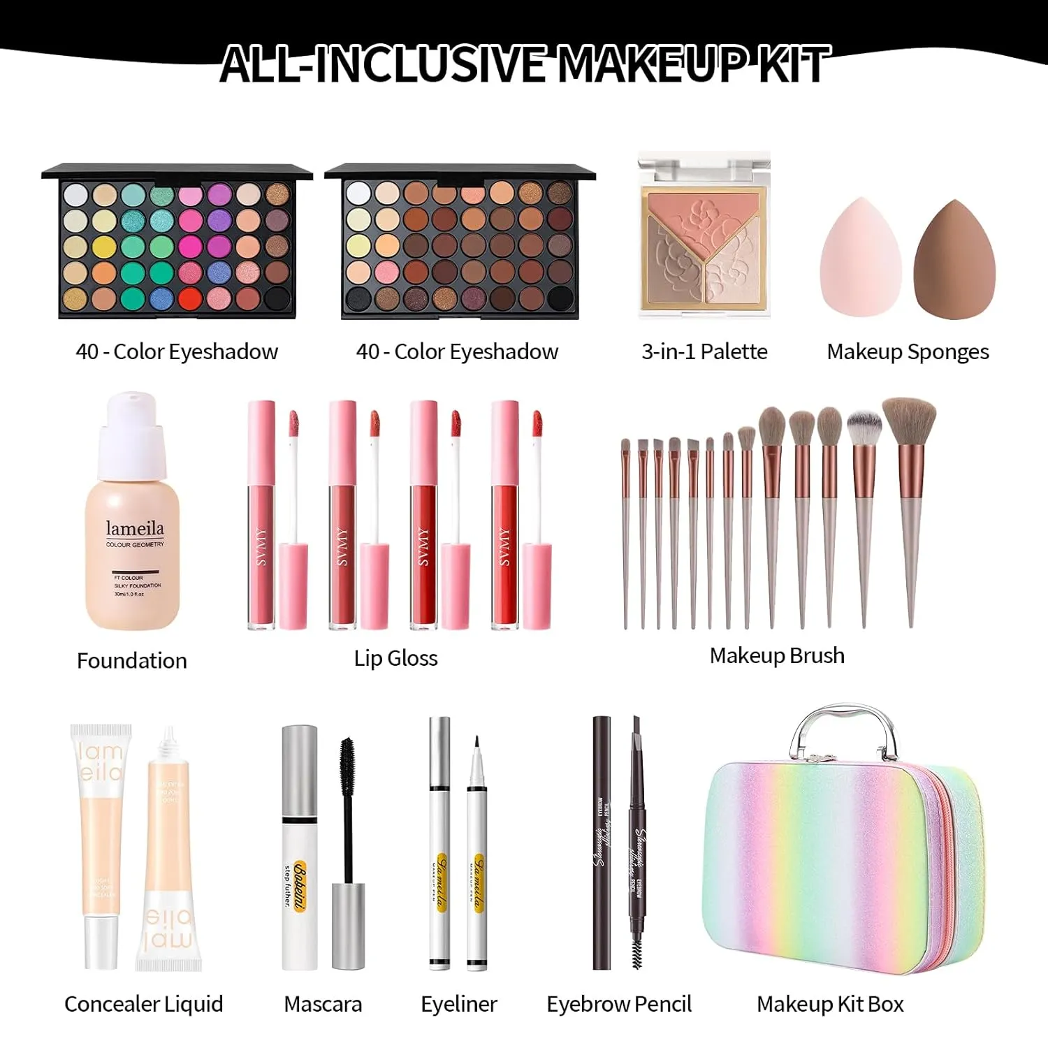 Makeup Kit for Women, Makeup Full Kit for Beginner Teen Girl, Cosmetic Bundle Include 2 Matte & Shimmer Eyeshadow Palettes, Blush Contour Highlighter Palette, Lip Gloss Set, Concealer - Rainbow Case