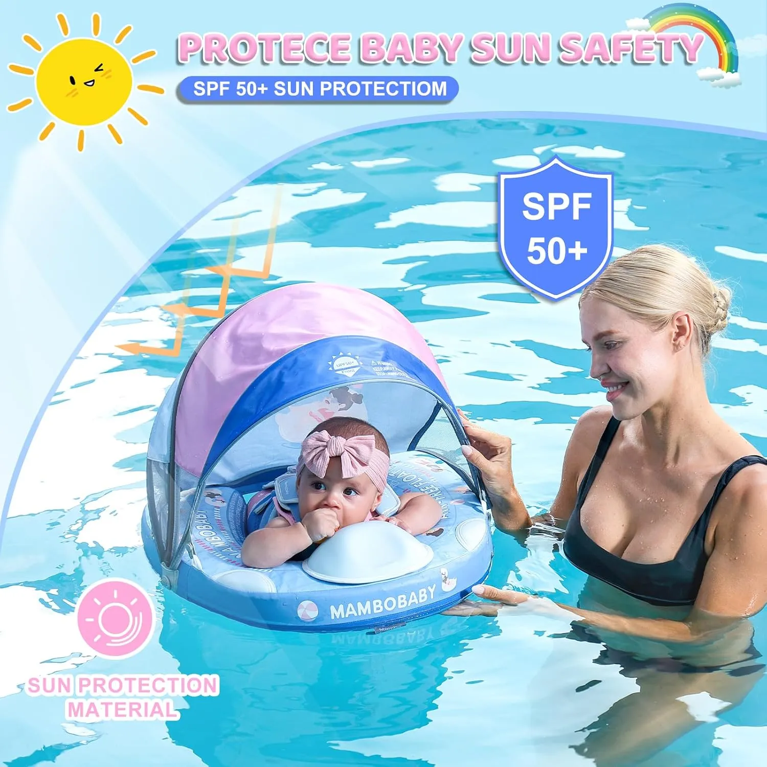 Mambobaby Baby Pool Float with Canopy & Tail Mambobaby Baby Swim Float Non-Inflatable Solid Baby Float Upgrade Soft Waterproof Skin-Friendly Material Infant Swim Float (Deluxe Edition)