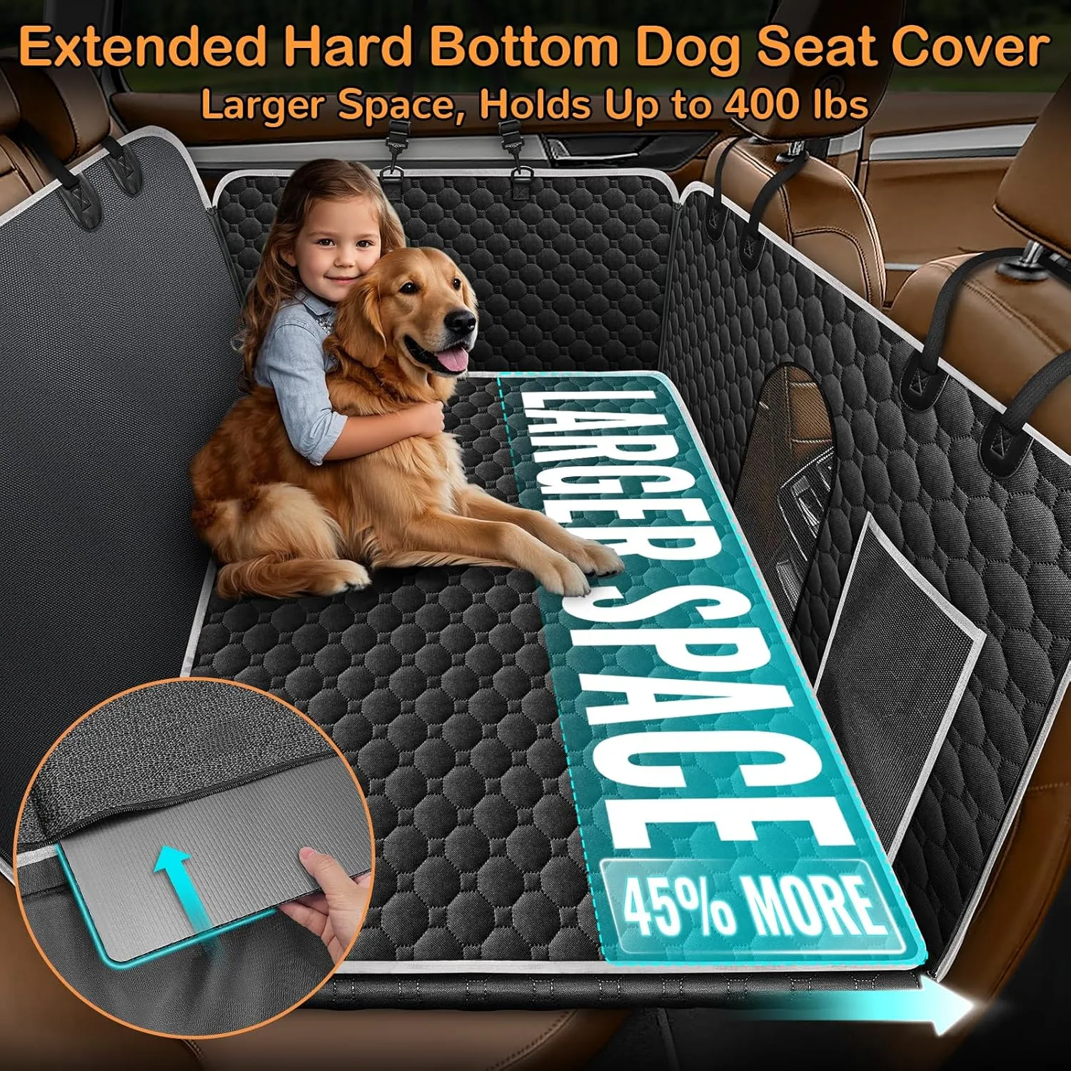 Mancro Hard Bottom Dog Car Seat Cover for Back Seat, with Removable Pad Backseat Extender for Dogs, Waterproof Dog Hammock for Car, Rear Seat Protector Holds 400lbs for Car, SUV, Truck, Black