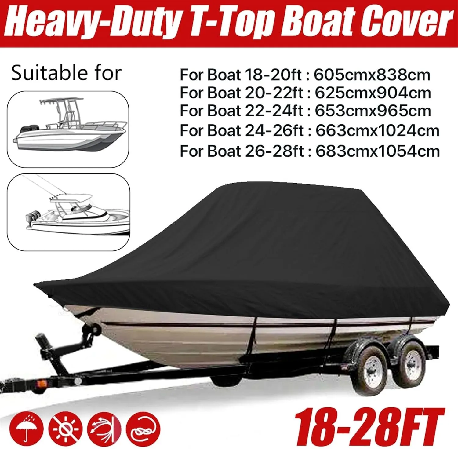 Marine Accessories 18-28ft 600D Jumbos Cruiser Boat-Cover Heavy-Duty Oceansouth Marine Water Sun Proof UV Protection Fish-Ski VHull Mooring Cover(22-24FT)