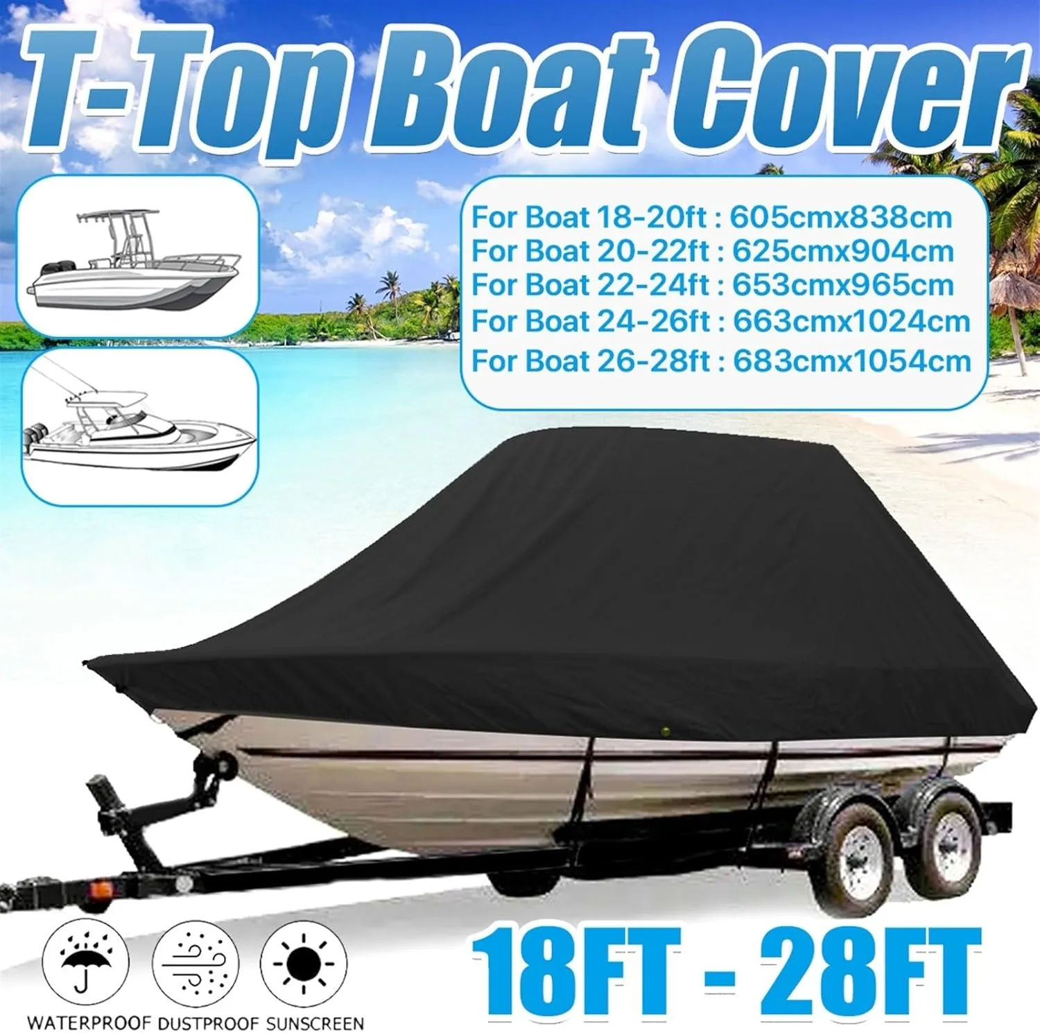 Marine Accessories 18-28ft 600D Jumbos Cruiser Boat-Cover Heavy-Duty Oceansouth Marine Water Sun Proof UV Protection Fish-Ski VHull Mooring Cover(22-24FT)