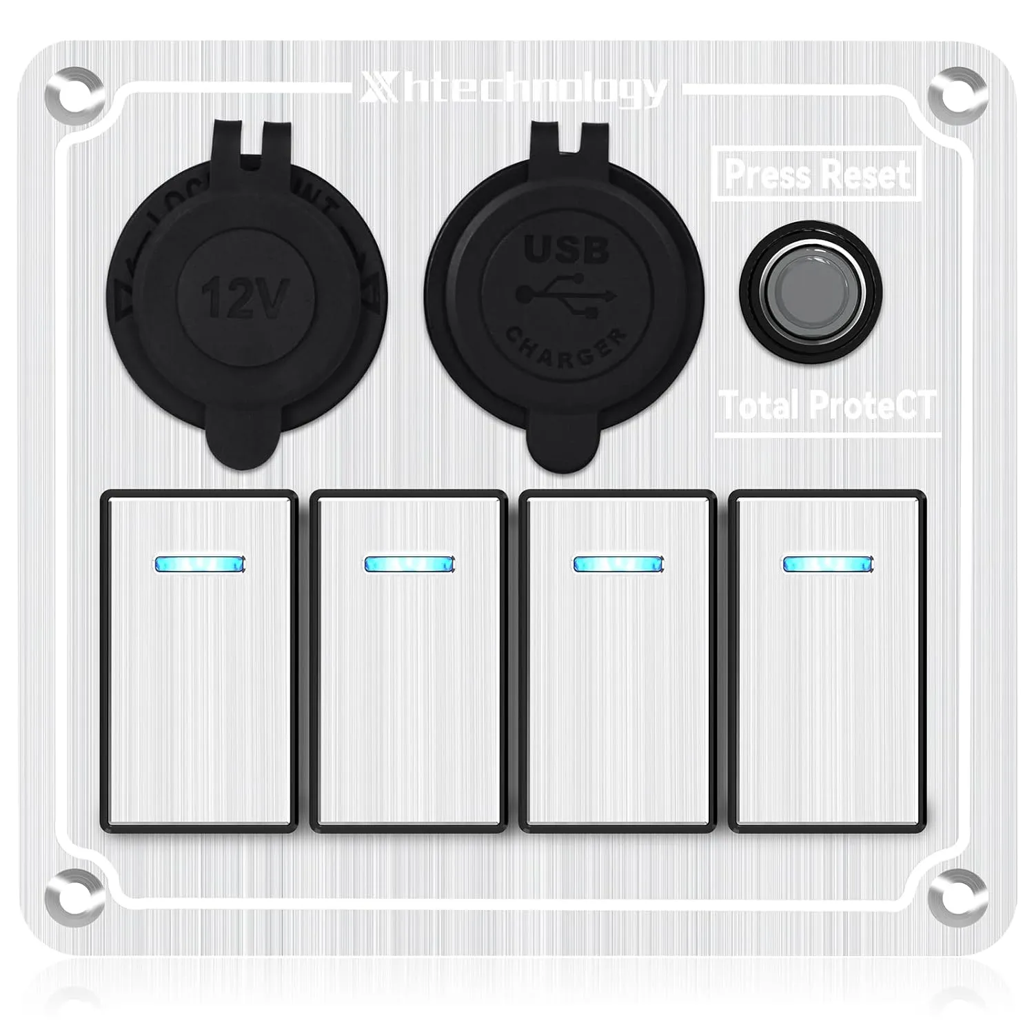 Marine Boat Rocker Switch Panel,Waterproof 4 Gang Multi-Function Toggle Light Switch Panel with Dual USB and Voltmeter Panel for RVs, Cars, Boats, Trucks,Trailers 12-24V (Silver, 4 Gang)