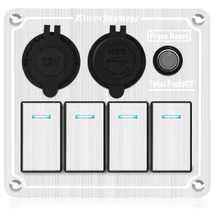 Marine Boat Rocker Switch Panel,Waterproof 4 Gang Multi-Function Toggle Light Switch Panel with Dual USB and Voltmeter Panel for RVs, Cars, Boats, Trucks,Trailers 12-24V (Silver, 4 Gang)