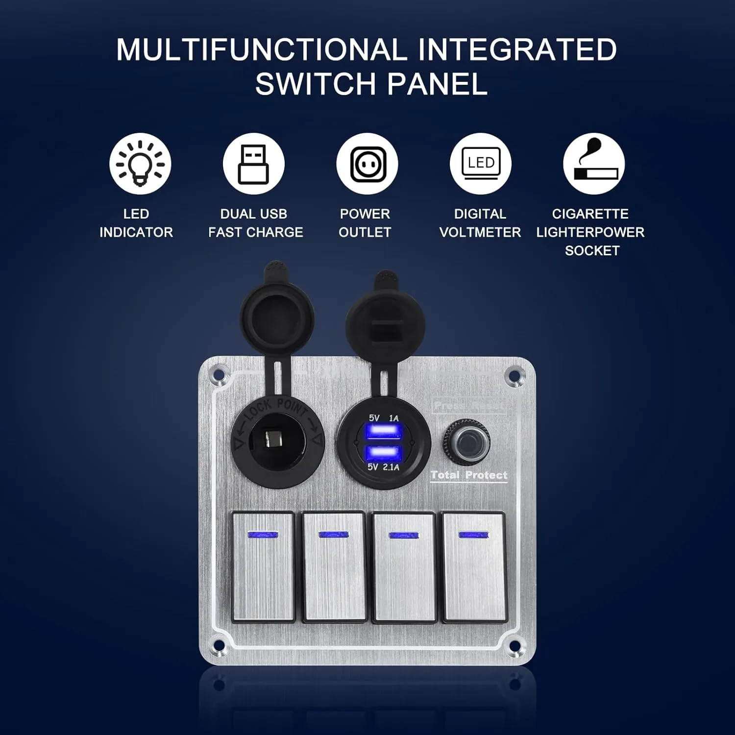 Marine Boat Rocker Switch Panel,Waterproof 4 Gang Multi-Function Toggle Light Switch Panel with Dual USB and Voltmeter Panel for RVs, Cars, Boats, Trucks,Trailers 12-24V (Silver, 4 Gang)