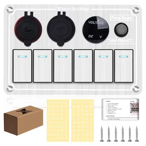 Marine Boat Rocker Switch Panel,Waterproof 6 Gang Toggle Switch Panel with Dual USB and Voltmeter Panel for RVs, Cars, Boats, Trucks,Trailers - 12-24V (Silver, 6 Gang)