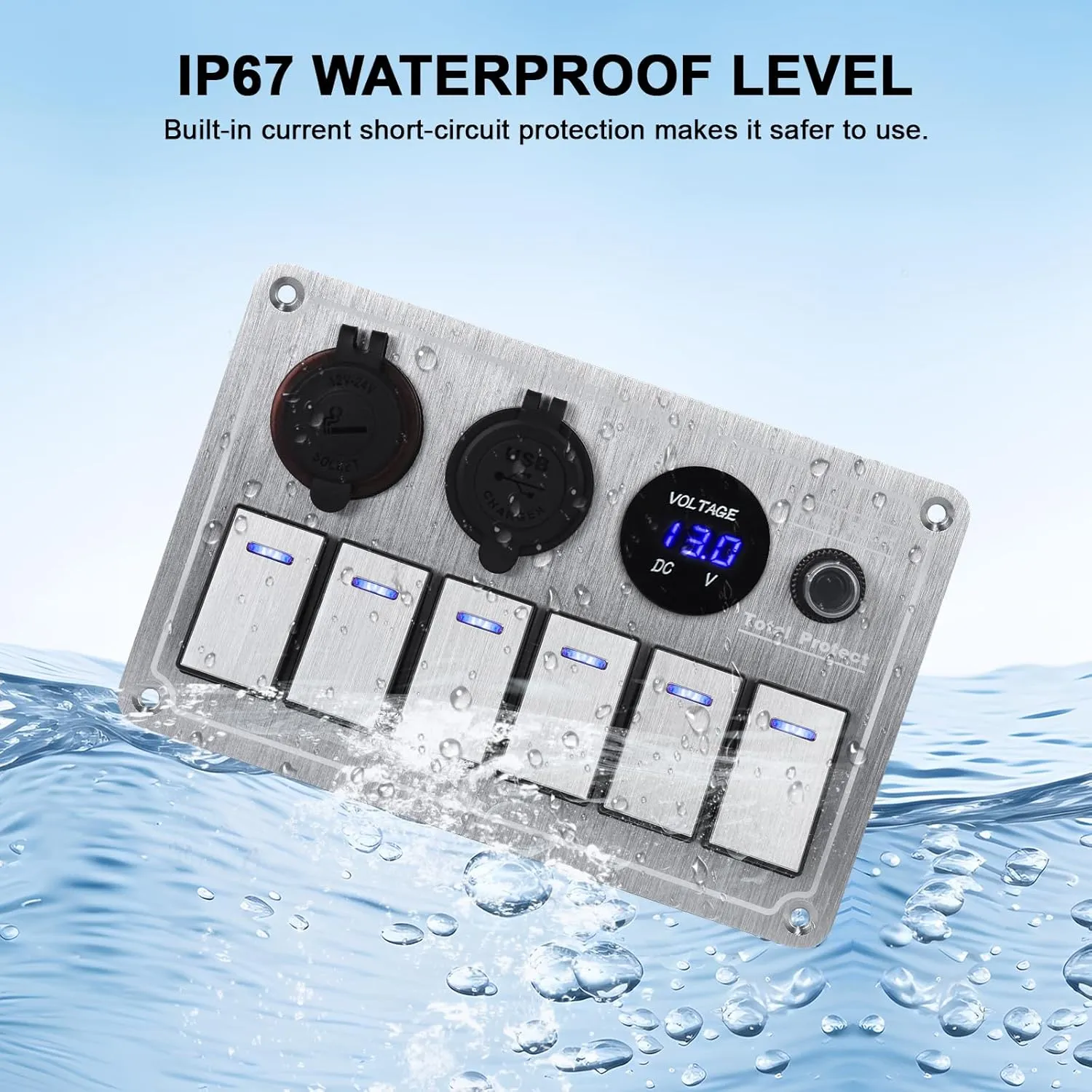 Marine Boat Rocker Switch Panel,Waterproof 6 Gang Toggle Switch Panel with Dual USB and Voltmeter Panel for RVs, Cars, Boats, Trucks,Trailers - 12-24V (Silver, 6 Gang)
