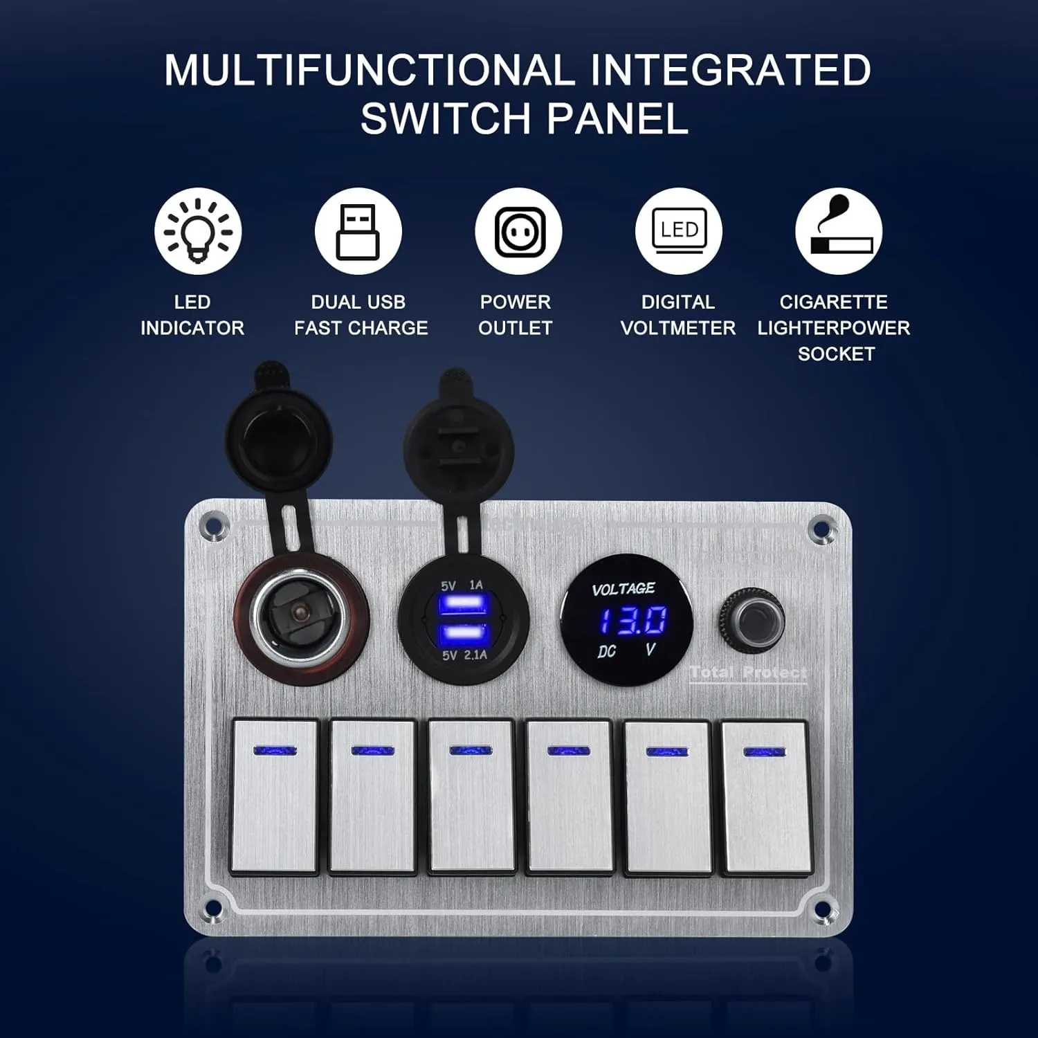 Marine Boat Rocker Switch Panel,Waterproof 6 Gang Toggle Switch Panel with Dual USB and Voltmeter Panel for RVs, Cars, Boats, Trucks,Trailers - 12-24V (Silver, 6 Gang)