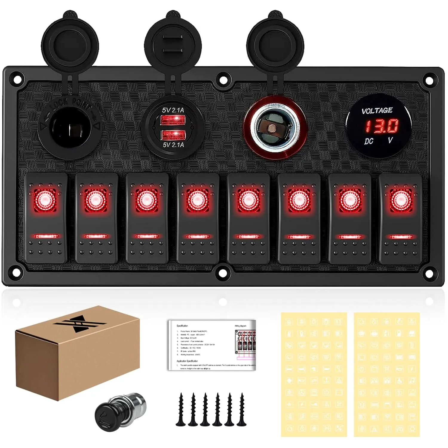 Marine Boat Rocker Switch Panel,Waterproof 8 Gang Toggle Switch Panel with Dual USB and Voltmeter Panel for RVs, Cars, Boats, Trucks,Trailers - 12-24V Red