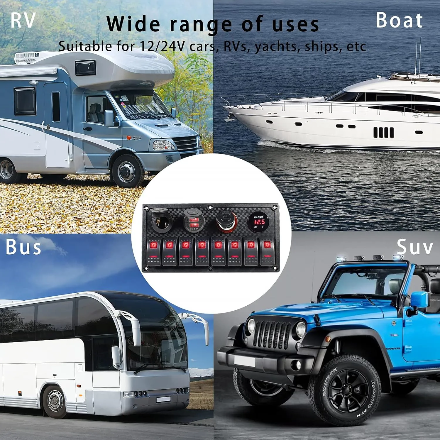 Marine Boat Rocker Switch Panel,Waterproof 8 Gang Toggle Switch Panel with Dual USB and Voltmeter Panel for RVs, Cars, Boats, Trucks,Trailers - 12-24V Red