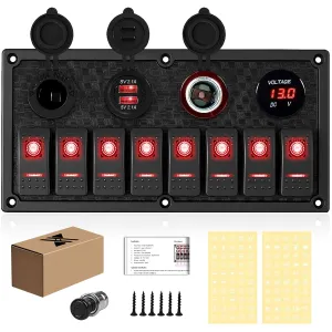 Marine Boat Rocker Switch Panel,Waterproof 8 Gang Toggle Switch Panel with Dual USB and Voltmeter Panel for RVs, Cars, Boats, Trucks,Trailers - 12-24V Red