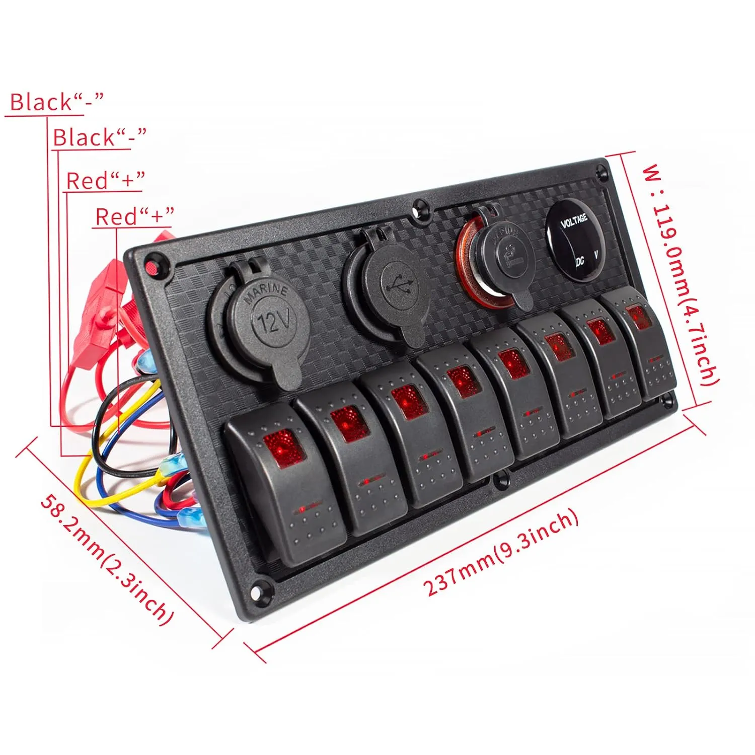 Marine Boat Rocker Switch Panel,Waterproof 8 Gang Toggle Switch Panel with Dual USB and Voltmeter Panel for RVs, Cars, Boats, Trucks,Trailers - 12-24V Red
