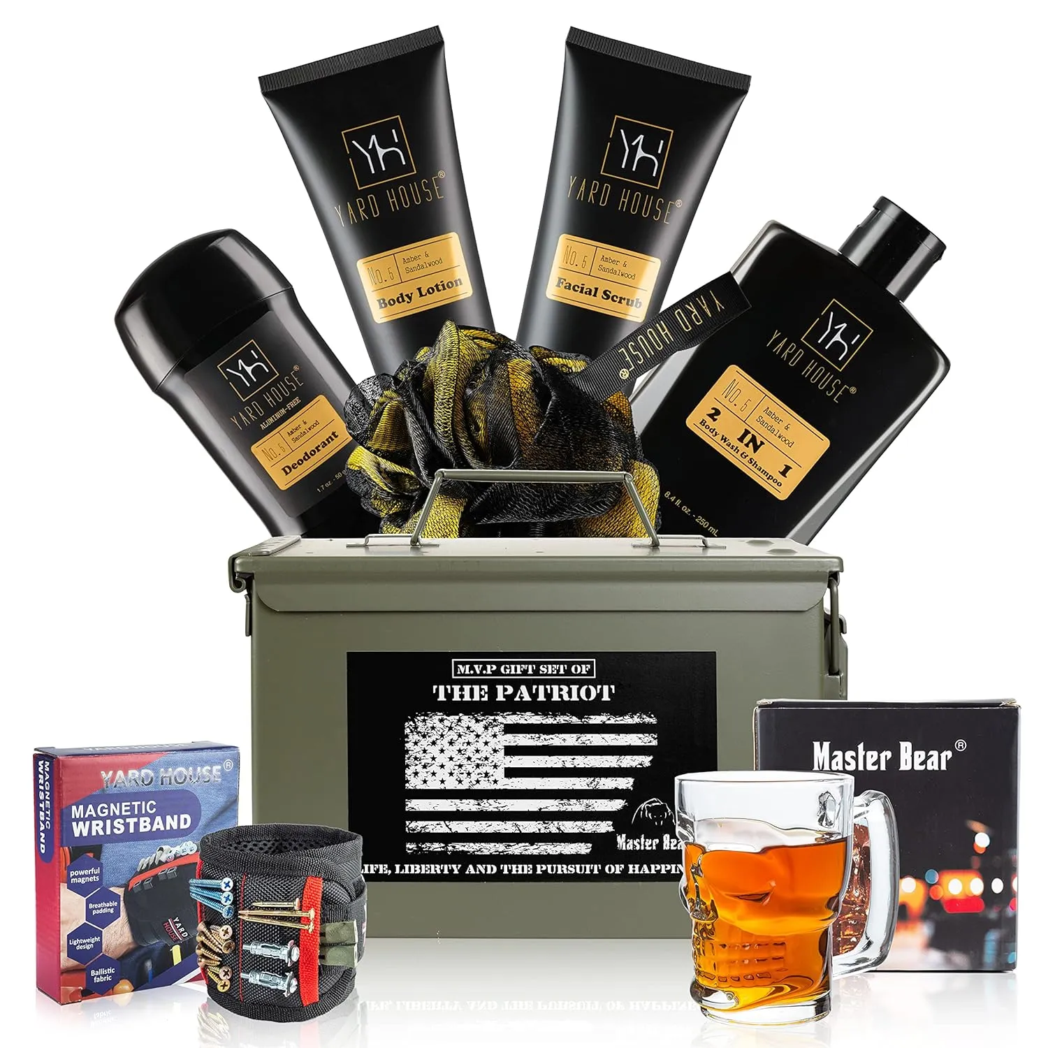 MASTER BEAR Ammo Can Gift Set For Men | Birthday Fathers Day Gifts From Wife, Son, Daughter for Husband, Dad | Glass Mug, Wristband, Sandalwood Amber - Bath Body Wash, Body Lotion, Facial Scrub mor