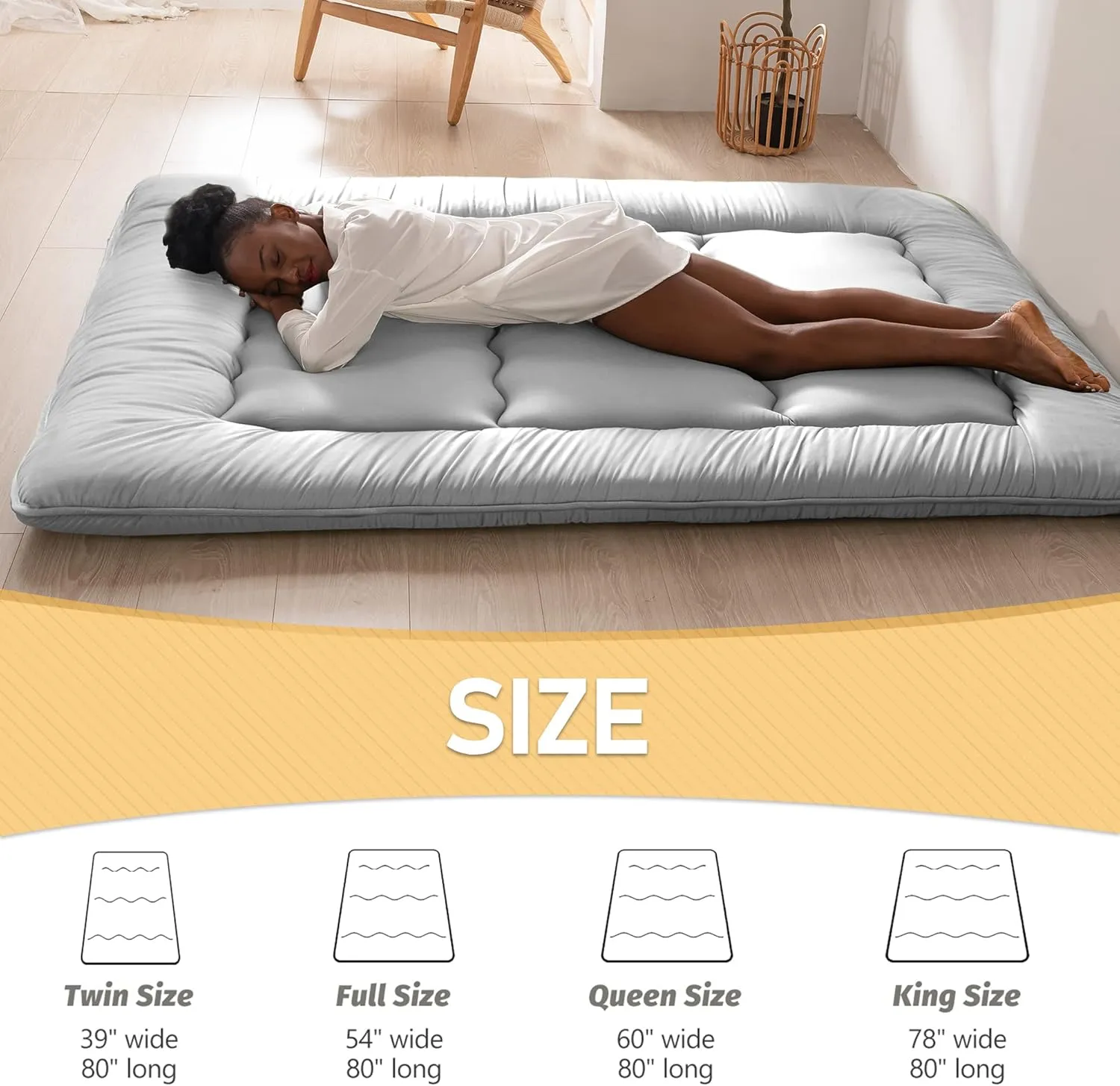 MAXYOYO Japanese Floor Mattress Futon Mattress, Thicken Daybed Futon Roll Up Guest Mattress Thicken Sleeping Pad Foldable Tatami Mat Floor Lounger Bed Couches and Sofas, Grey, Queen