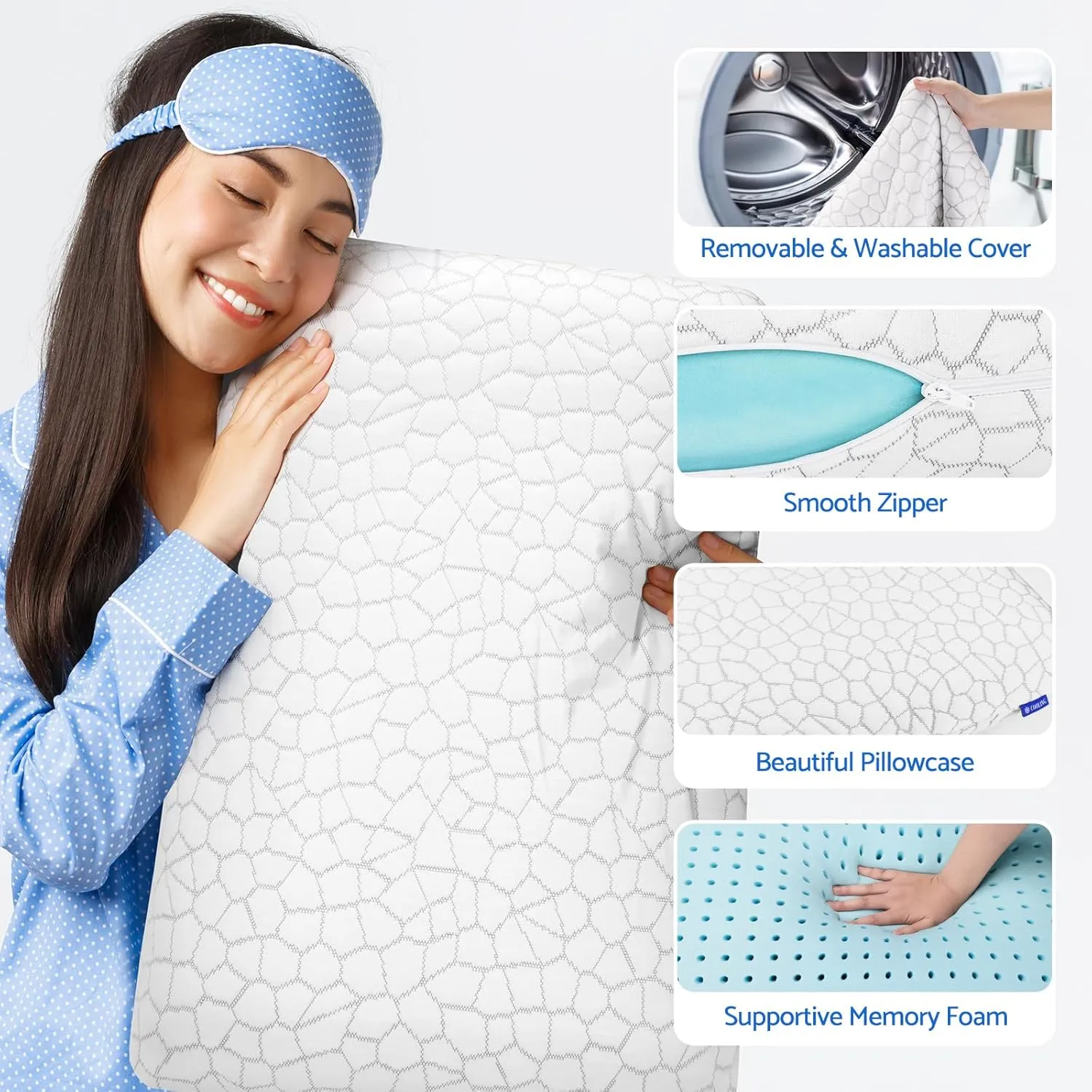 Memory Foam Pillows for Sleeping, Cooling Pillow with Removable and Machine Washable Cover, Bed Pillow for Side, Neck Pillow, Back and Stomach Sleepers, Standard Size (1 Pack)
