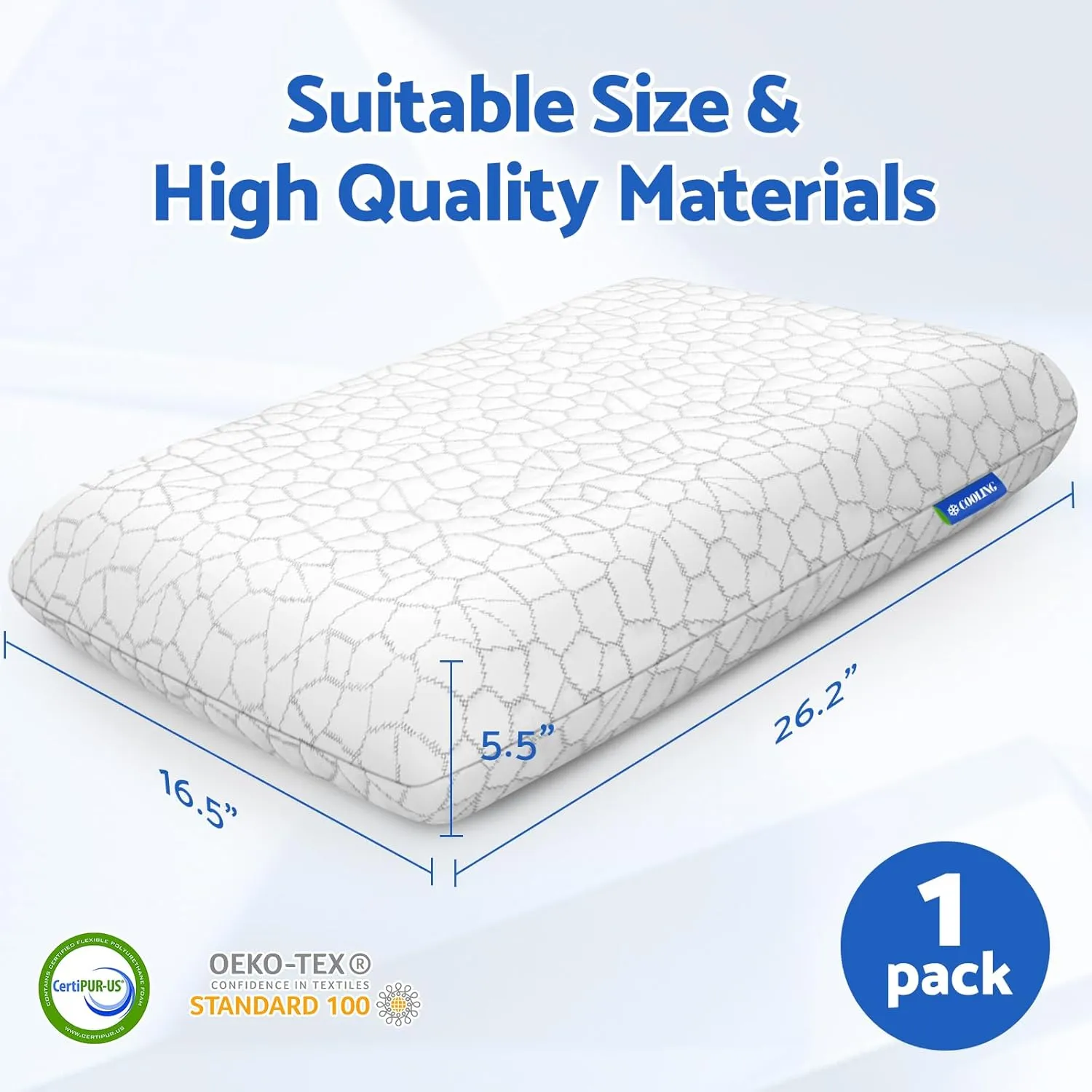 Memory Foam Pillows for Sleeping, Cooling Pillow with Removable and Machine Washable Cover, Bed Pillow for Side, Neck Pillow, Back and Stomach Sleepers, Standard Size (1 Pack)