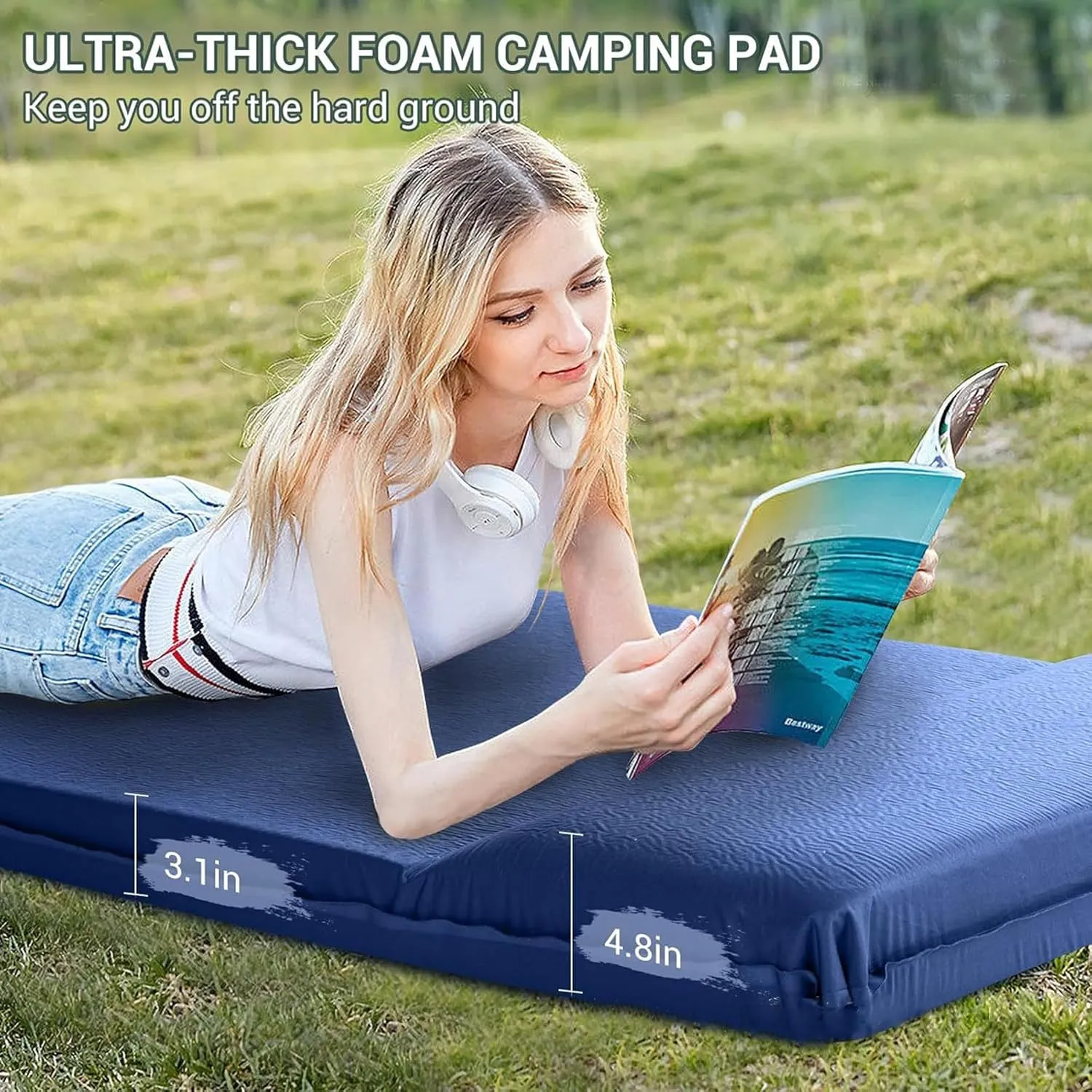 Memory Sleeping Pad, 3.1" Ultra-Thick Sleeping Mats for Camping, Easy Inflate&Deflate,9.5 R-Value Insulated Camping Mattress Pad with Pillow, for Car Travel Tent (Army Green)
