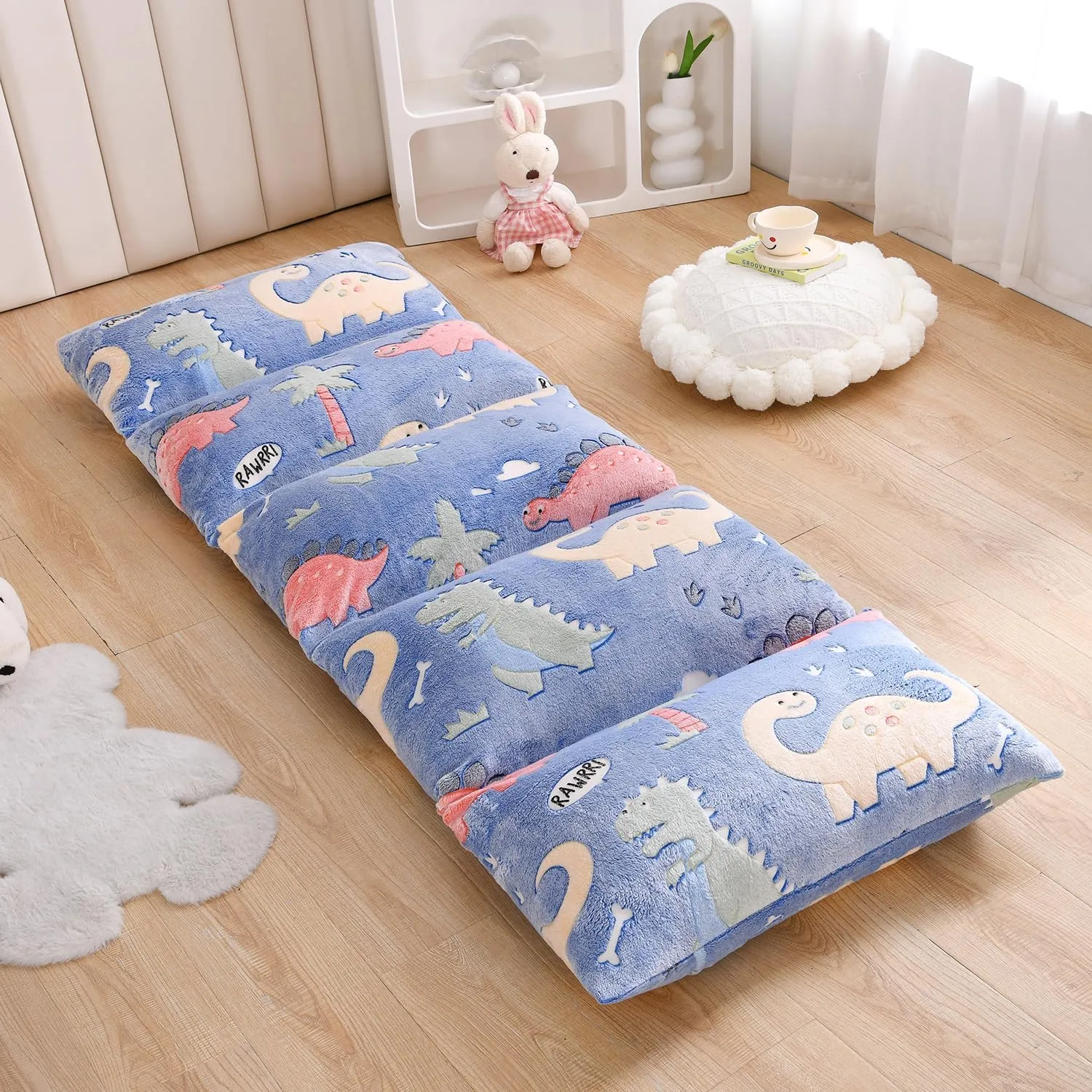 Mengersi Velvet Floor Pillows,Dinosaur Glow in The Dark Pillow Bed Floor Lounger Cover for Kids Girls Boys,Mattress Floor Bed Sleeping Mat for Girls Teen Toddler,Requires 5 Pillows,Queen