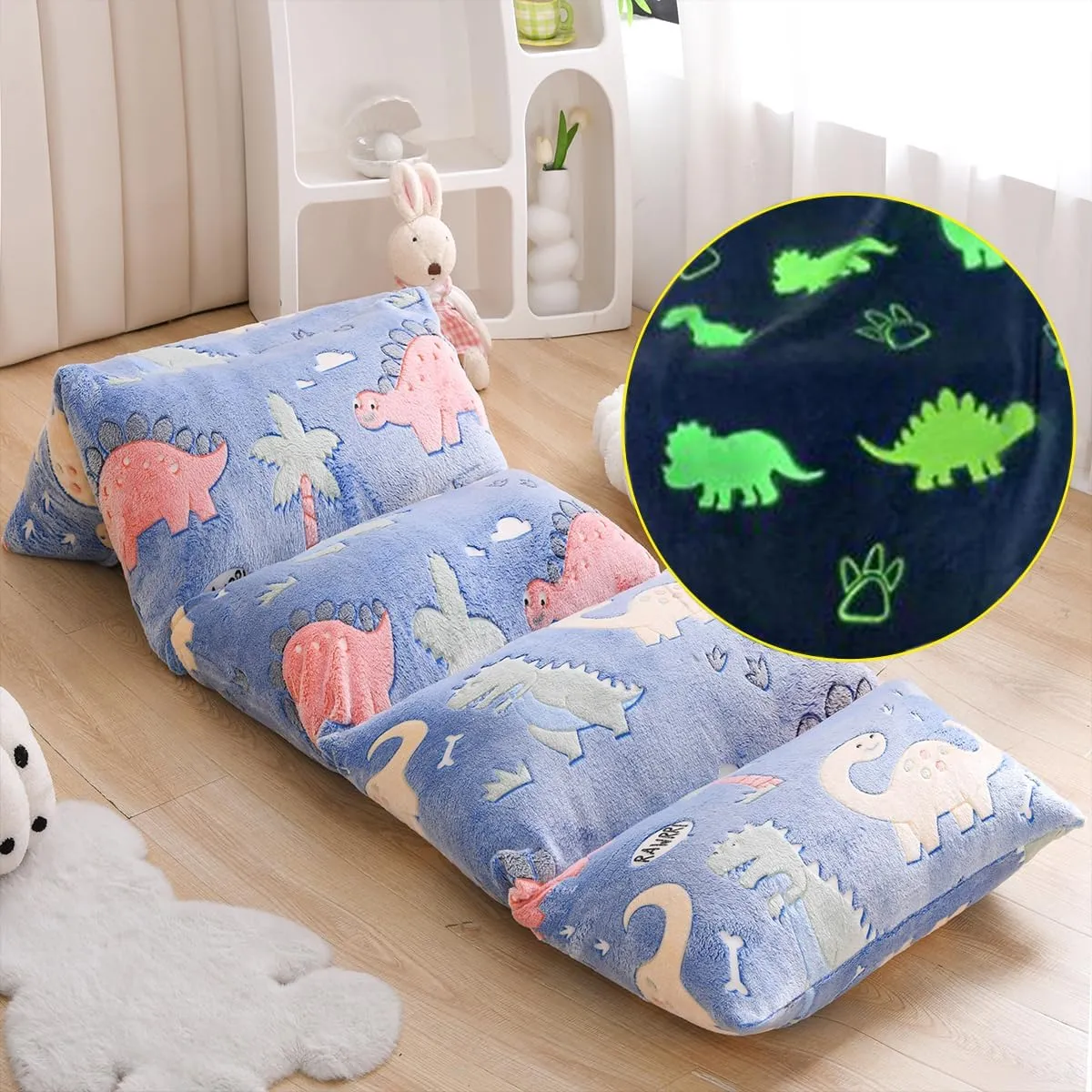 Mengersi Velvet Floor Pillows,Dinosaur Glow in The Dark Pillow Bed Floor Lounger Cover for Kids Girls Boys,Mattress Floor Bed Sleeping Mat for Girls Teen Toddler,Requires 5 Pillows,Queen