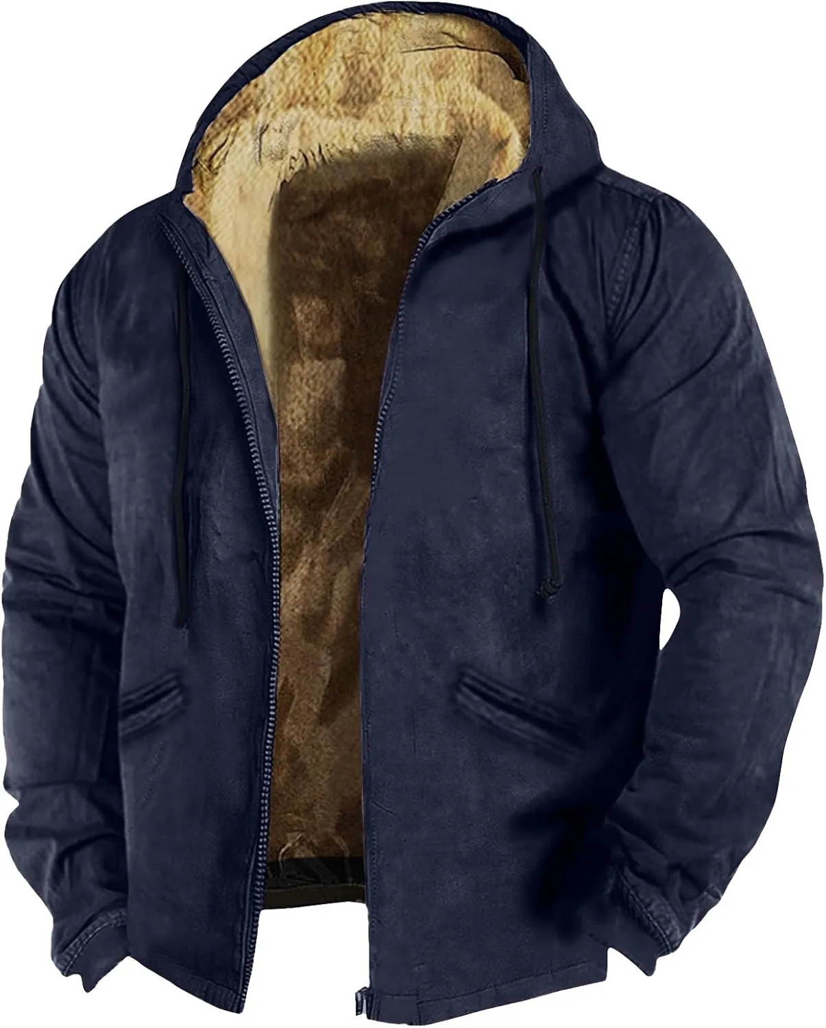 Mens Fuzzy Sherpa Jacket Long Sleeve Fleece Zip Up Coat Parka Warm Over Outerwear Windbreaker Casual Hoodies Hooded