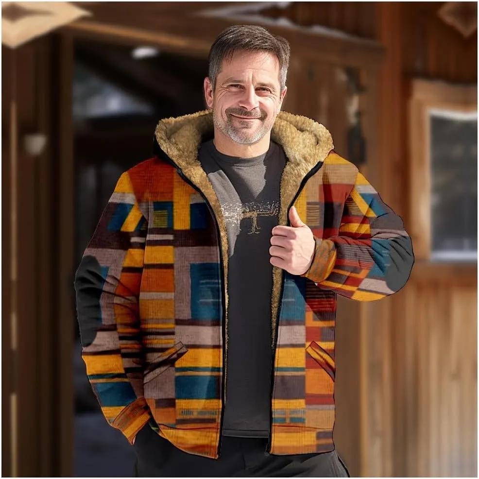 Mens Vintage Fleece Jacket Sherpa Lined Winter Coats Fall Winter Puffer Jacket Windproof Casual Hoodies with Pocket