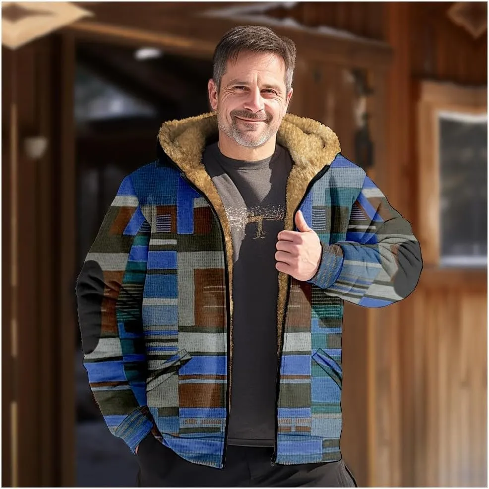 Mens Vintage Fleece Jacket Sherpa Lined Winter Coats Fall Winter Puffer Jacket Windproof Casual Hoodies with Pocket