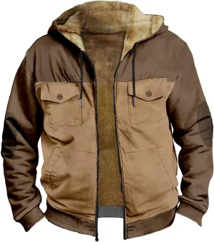 Men's Winter Jacket Hooded Sweater with Brown Pocket Cotton Jacket Hooded Windproof Windbreaker Jacket for Men