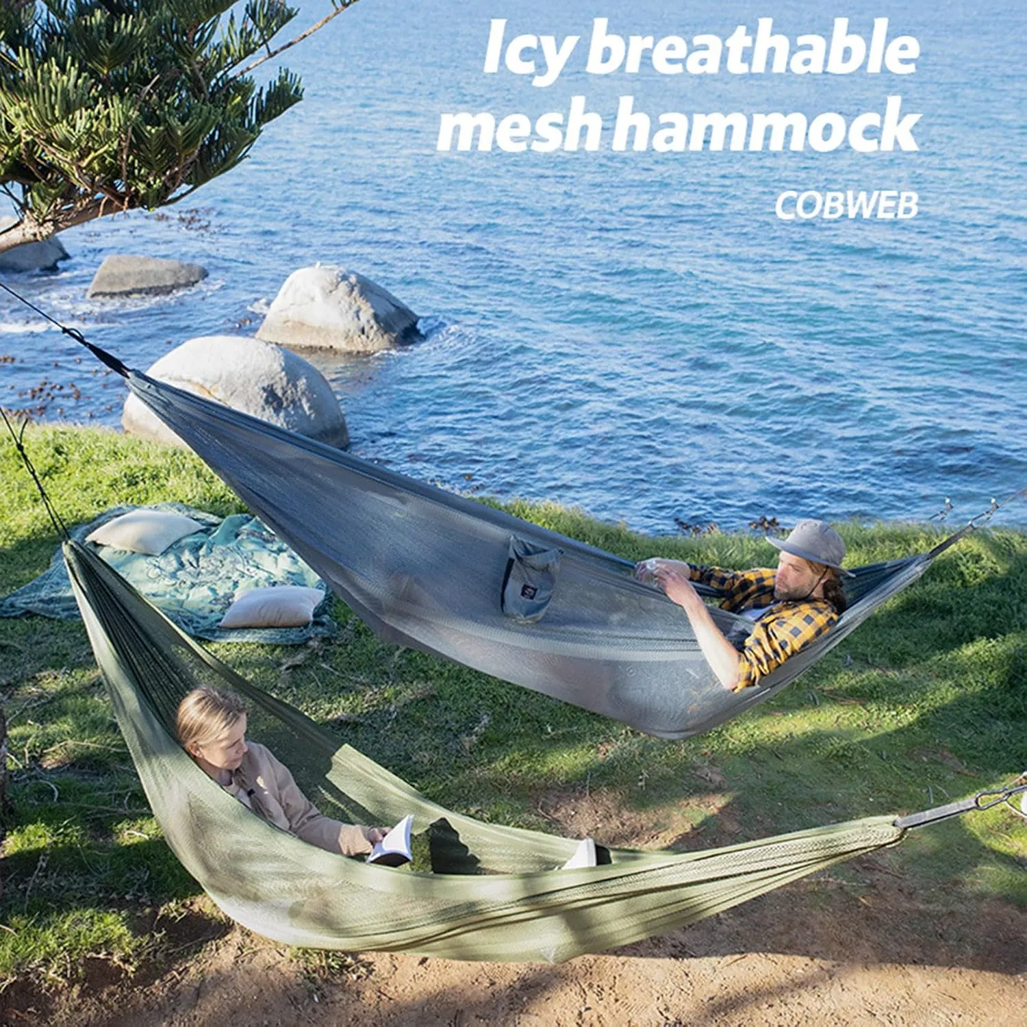 Mesh Hammock, Portable Camping Mesh Hammock, Breathable Lightweight Ice Silk Double & Single Nylon Hammocks, for Outdoor Adventures Camping (290X148cm,Green)