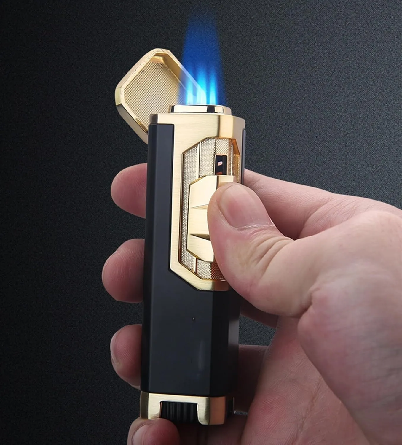 Metal Butane Lighter Window Lighter Outdoor Windproof Four-Flame Lighter Adjustable Flame Lighter Portable Lighter Men's Gift(Gold)