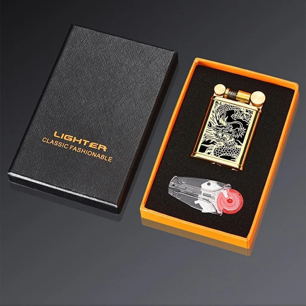 Metal Rocker Lighter Vintage Windproof Trench Men's Kerosene Table Refillable Fuel One-Button Mechanical Ejection Ignition Mini Portable Candle Cigar(#fc455b)