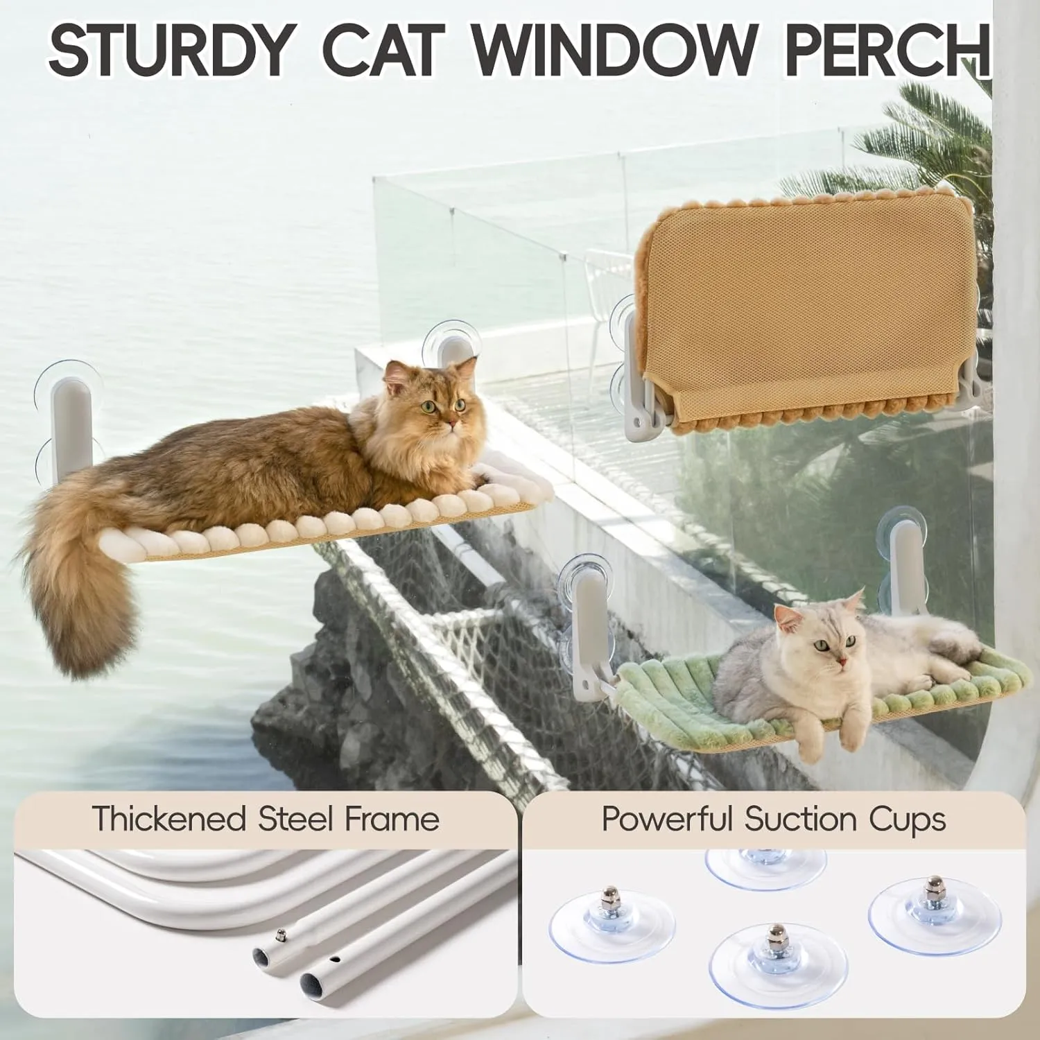 MEWOOFUN Folding Cat Window Perch for Indoor Cats, Machine Washable Window Hammock for Large Cats, Suction Cup Window Cat Bed with Sturdy Metal Frame, Cordless Window Seat for Inside Kitten(Beige,2PC)