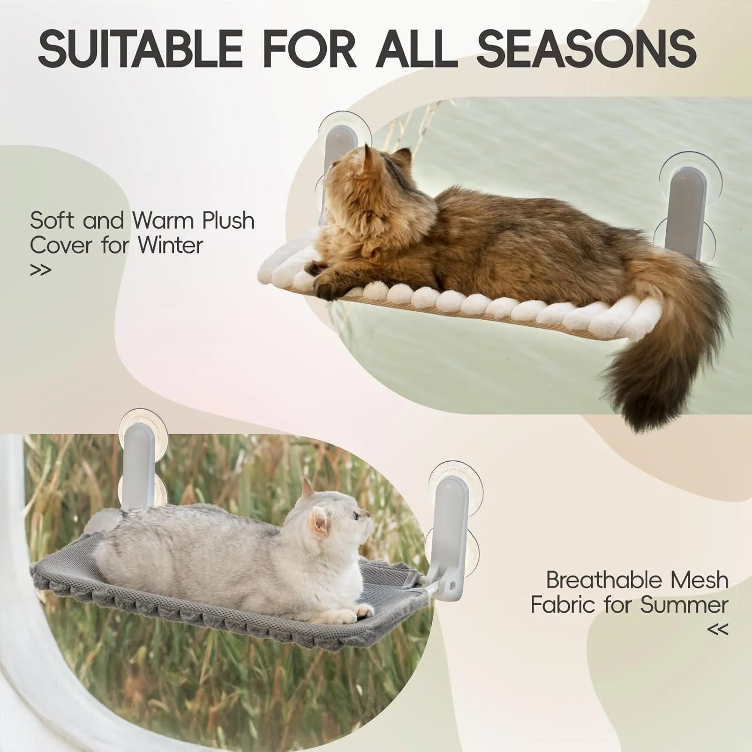 MEWOOFUN Folding Cat Window Perch for Indoor Cats, Machine Washable Window Hammock for Large Cats, Suction Cup Window Cat Bed with Sturdy Metal Frame, Cordless Window Seat for Inside Kitten(Beige,2PC)