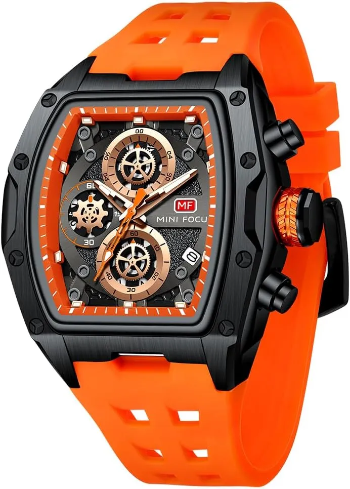 MF MINI FOCUS Watch for Men Wristwatch Fashion Hollow Big Dial Luminous Waterproof Sport Analog Quartz Business Chronograph Mens Watches Blue Silicon Strap Dress Watch(0473 Orange)
