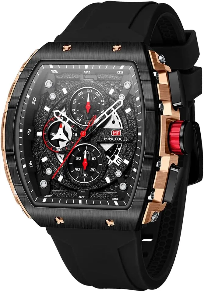 MF MINI FOCUS Watch for Men Wristwatch Fashion Hollow Big Dial Luminous Waterproof Sport Analog Quartz Business Chronograph Mens Watches Blue Silicon Strap Dress Watch(Gold Black)
