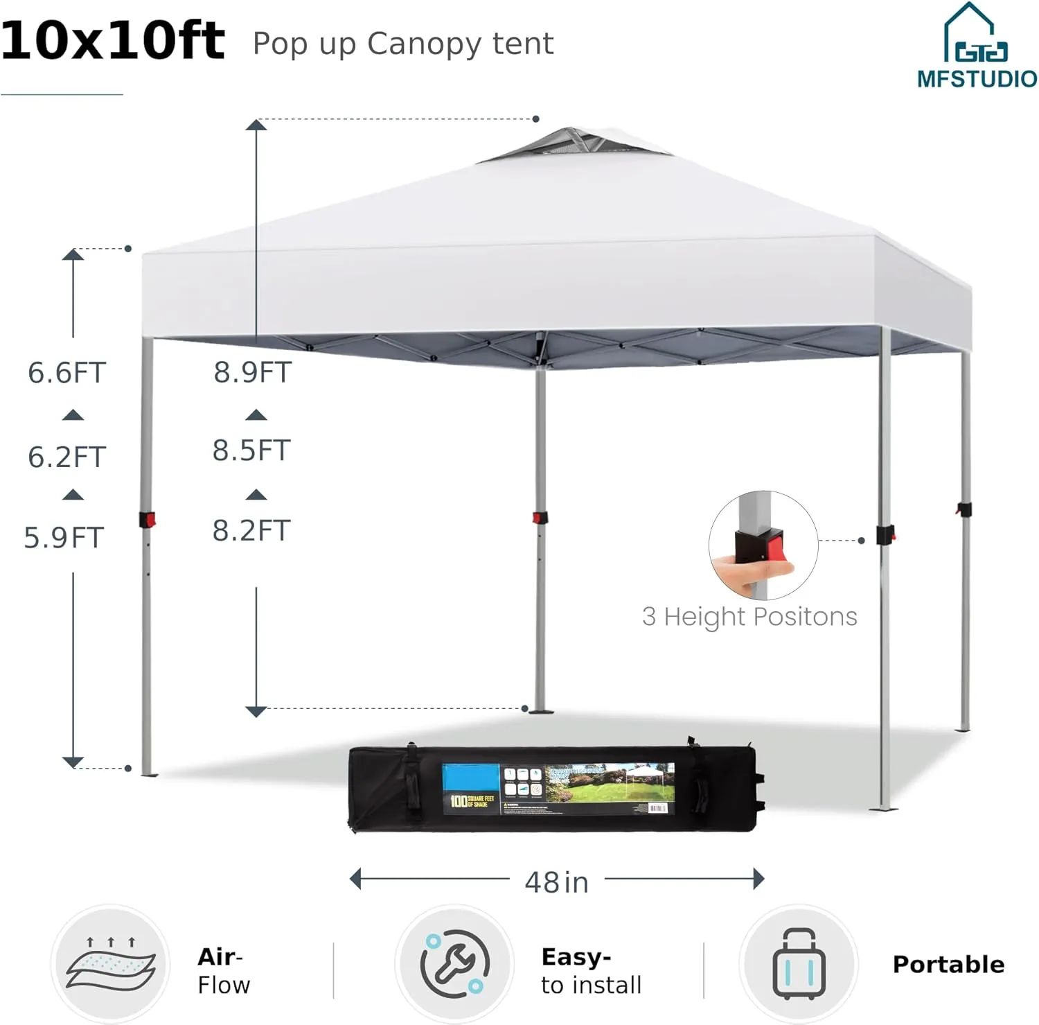 MFSTUDIO 10x10 Pop Up Canopy Tent, Gazebo Shelter Sun Shade Canopies Waterproof Patio Portable Popup Tents for Beach,Parties,Camping,100 Sq,White