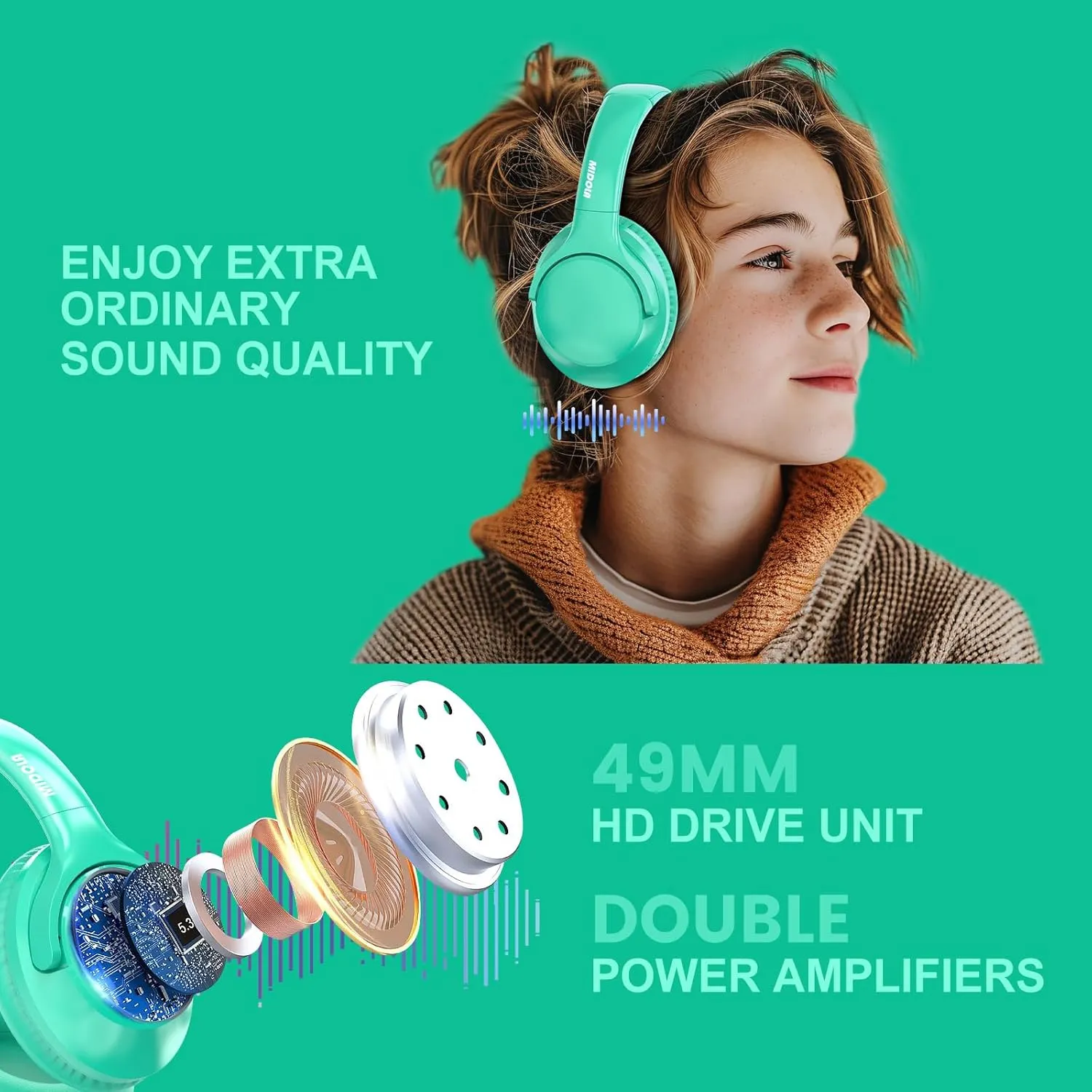 MIDOLA Bluetooth Headphones Over Ear 68H Playtime 6 EQ Wireless Headset with Microphone HiFi Stereo Foldable Lightweight Deep Bass for Travel Home Office Cellphone Cyan