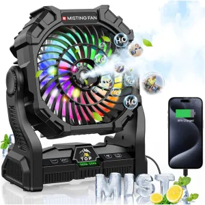Misting Fan Portable with RGB Lantern, 20000 mAh Rechargeable Camping Mist Fan with Emergency Hurricane Supplies, Perfect Cooling Mister for Outdoor Travel
