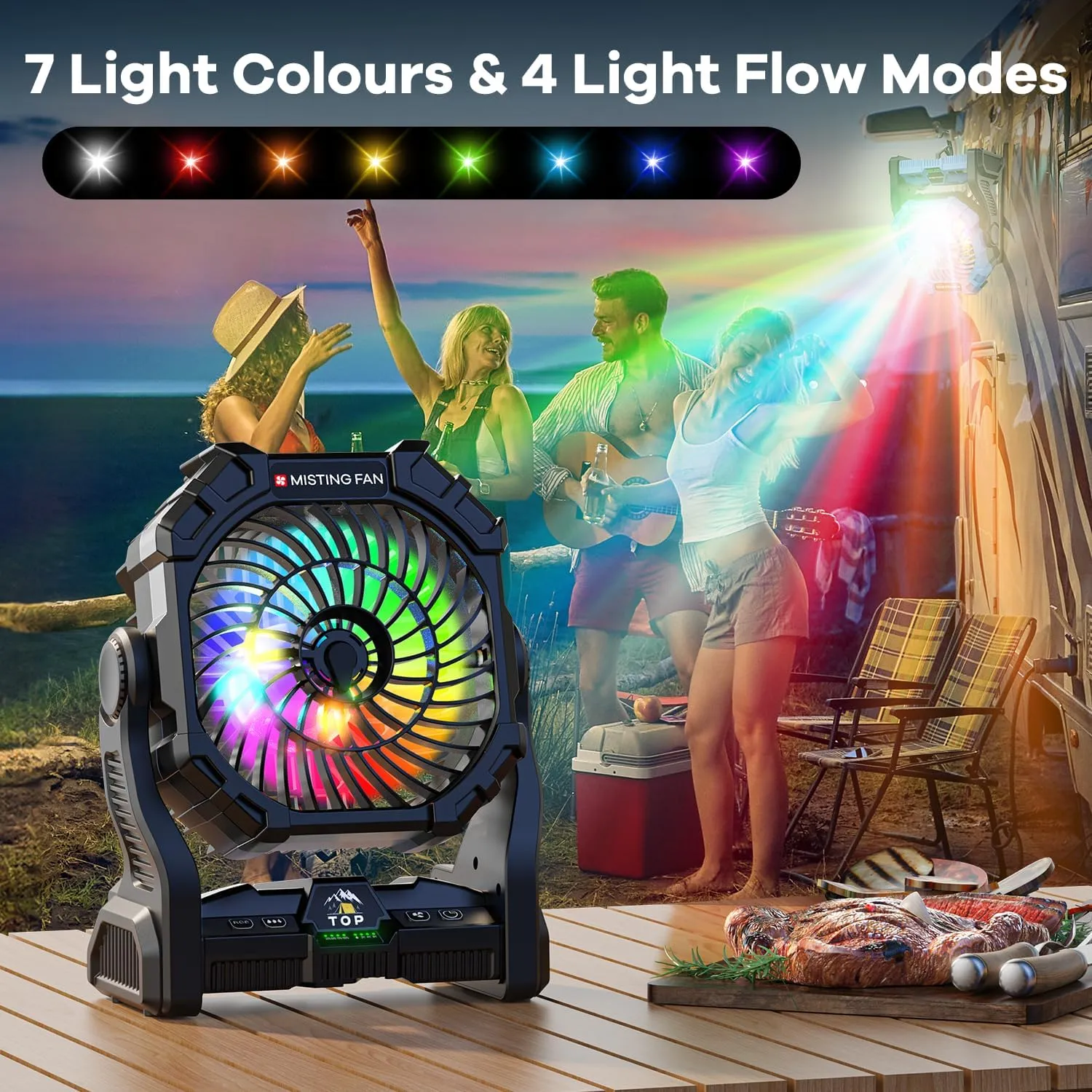 Misting Fan Portable with RGB Lantern, 20000 mAh Rechargeable Camping Mist Fan with Emergency Hurricane Supplies, Perfect Cooling Mister for Outdoor Travel