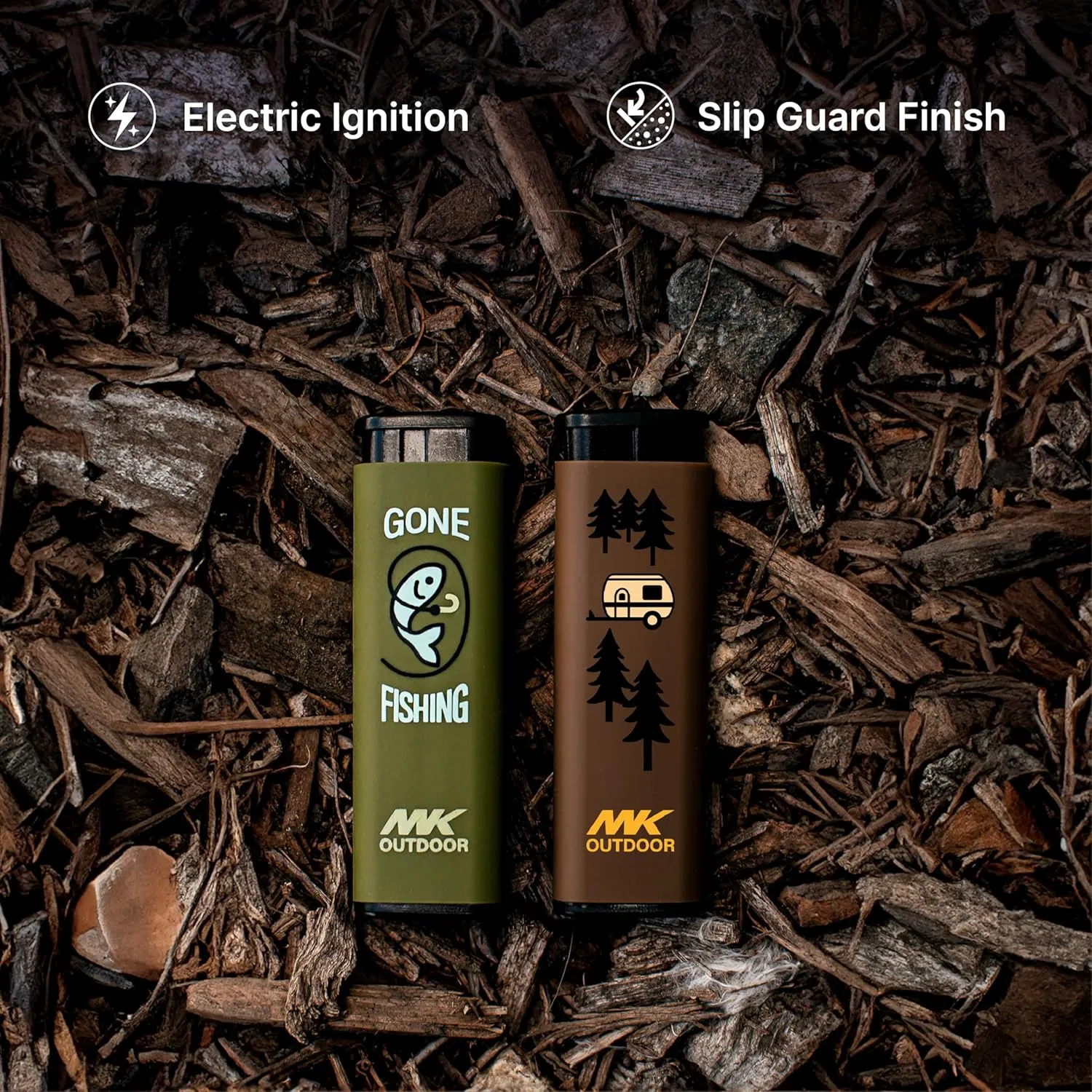 MK Lighter Outdoor Series Alpine Set 5-Pack Assorted Design Multipurpose Refillable, Windproof Flame, Slip Guard Candle & BBQ, Prepping & Camping Supplies, Survival Lighters (Explore)