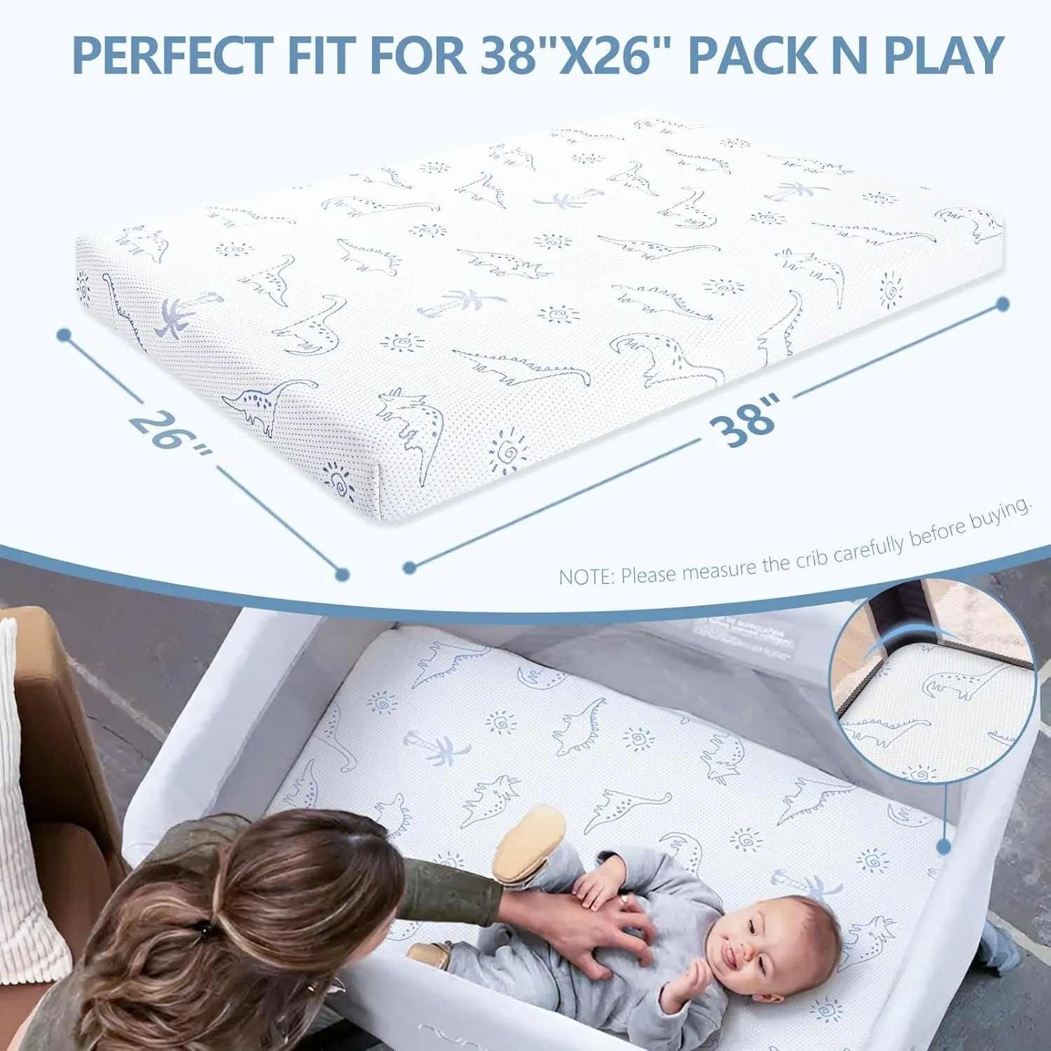 Mochen Pack and Play Mattress, 38"x26" Pack N Play Mattresses Pad with Soft Dinosaurs Cover, High Density Memory Foam Baby Mattress for Pack n Play Playpen, Portable & Washable