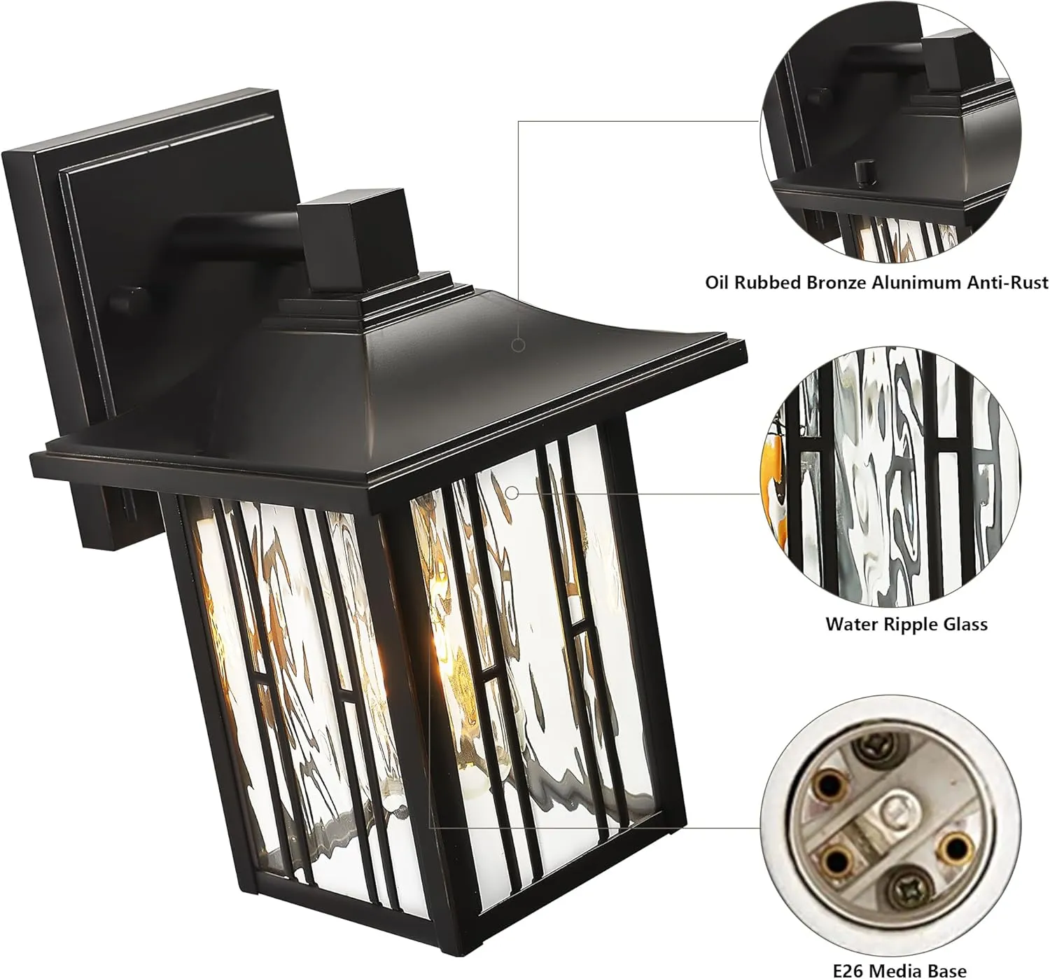 Modern Outdoor Wall Lights, Exterior Porch Lights Fixture Wall Mount, Waterproof Outside Wall Sconce with Water Ripple Glass, Oil Rubbed Bronze Patio Wall Lantern for Garage, House, 1 Pack