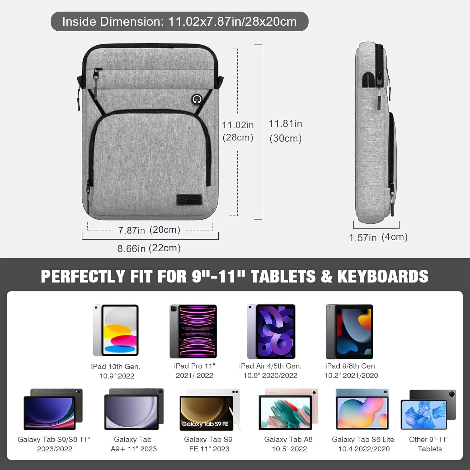 MoKo 9-11 Inch Tablet Sleeve Bag, Fits 11 inch iPad Air M3, iPad A16 2025, Pro 11 M4, 10/9/8/7th, Tab S8/S9 11, Multifunctional Bag with Shoulder and Headphone Port, Light Gray