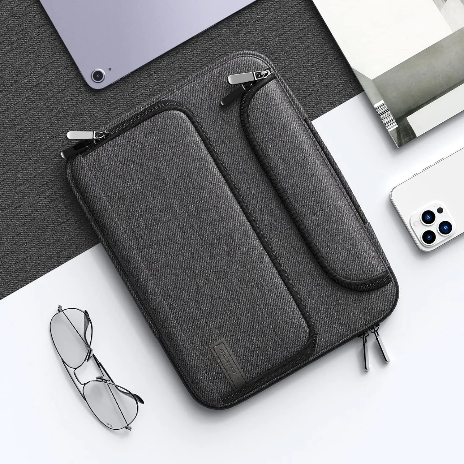 MoKo 9-11 Inch Tablet Sleeve Bag, Fits iPad Air 5/4th 10.9, iPad Pro 11 Inch, iPad 9/8th 10.2, iPad 10th 10.9, Tab S8/S9 11",Waterproof Polyester Bag with Double Pockets,Retractable Handle, Black&Gray