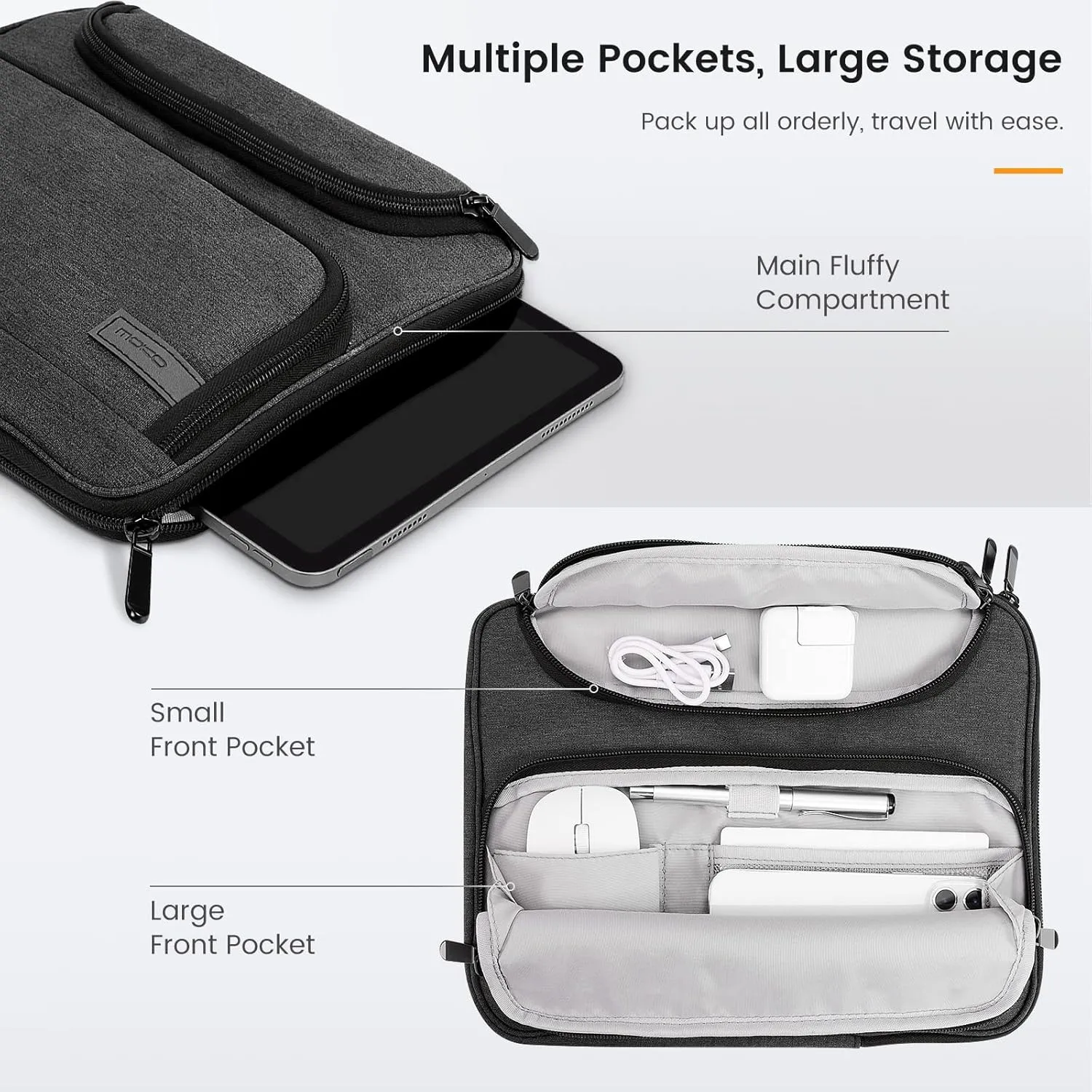 MoKo 9-11 Inch Tablet Sleeve Bag, Fits iPad Air 5/4th 10.9, iPad Pro 11 Inch, iPad 9/8th 10.2, iPad 10th 10.9, Tab S8/S9 11",Waterproof Polyester Bag with Double Pockets,Retractable Handle, Black&Gray