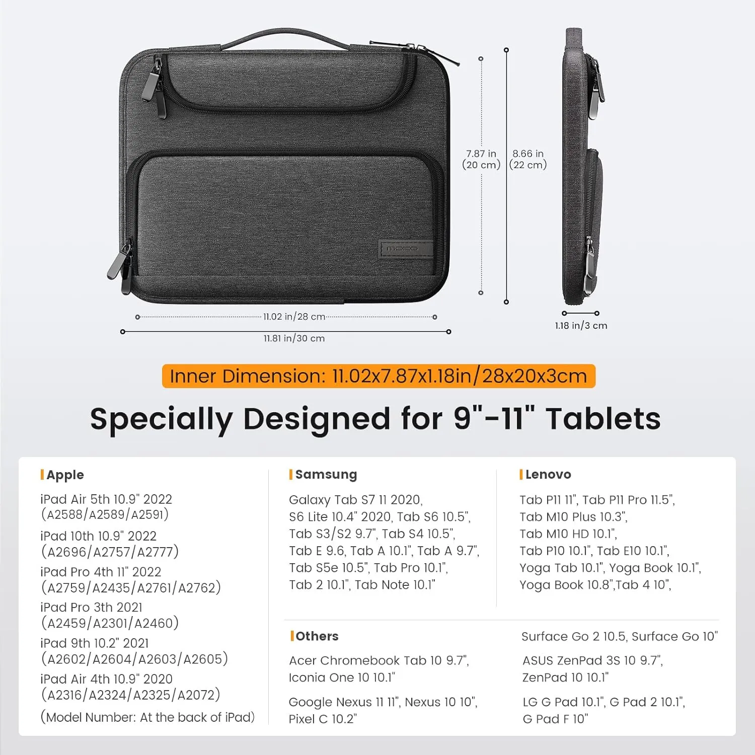 MoKo 9-11 Inch Tablet Sleeve Bag, Fits iPad Air 5/4th 10.9, iPad Pro 11 Inch, iPad 9/8th 10.2, iPad 10th 10.9, Tab S8/S9 11",Waterproof Polyester Bag with Double Pockets,Retractable Handle, Black&Gray