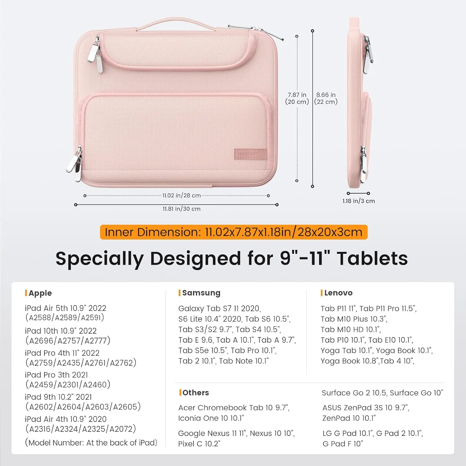 MoKo 9-11 Inch Tablet Sleeve Bag, Pink - iPad Air 5/4, iPad Pro 11, Tab S8/S9 11 - Waterproof Polyester, Double Pocket, Retractable Handle