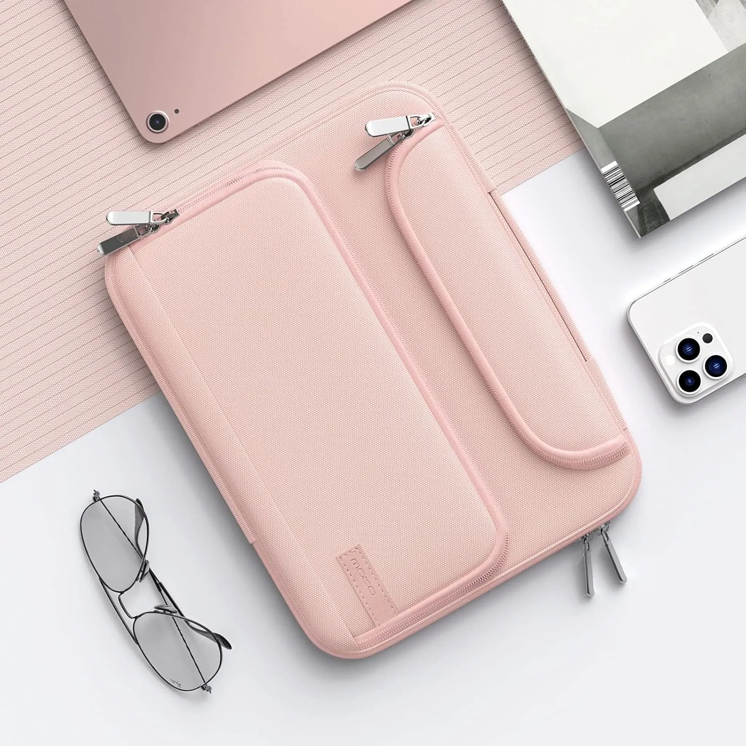 MoKo 9-11 Inch Tablet Sleeve Bag, Pink - iPad Air 5/4, iPad Pro 11, Tab S8/S9 11 - Waterproof Polyester, Double Pocket, Retractable Handle
