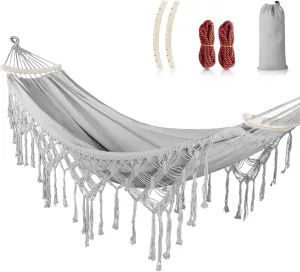 MOSFiATA Backyard Hammock with Tassels Max 500lbs Canvas Fabric Bohemian Style with Thickened Rope and Carry Bag for Outdoor, Garden, Patio, Wedding Decor (Gray)