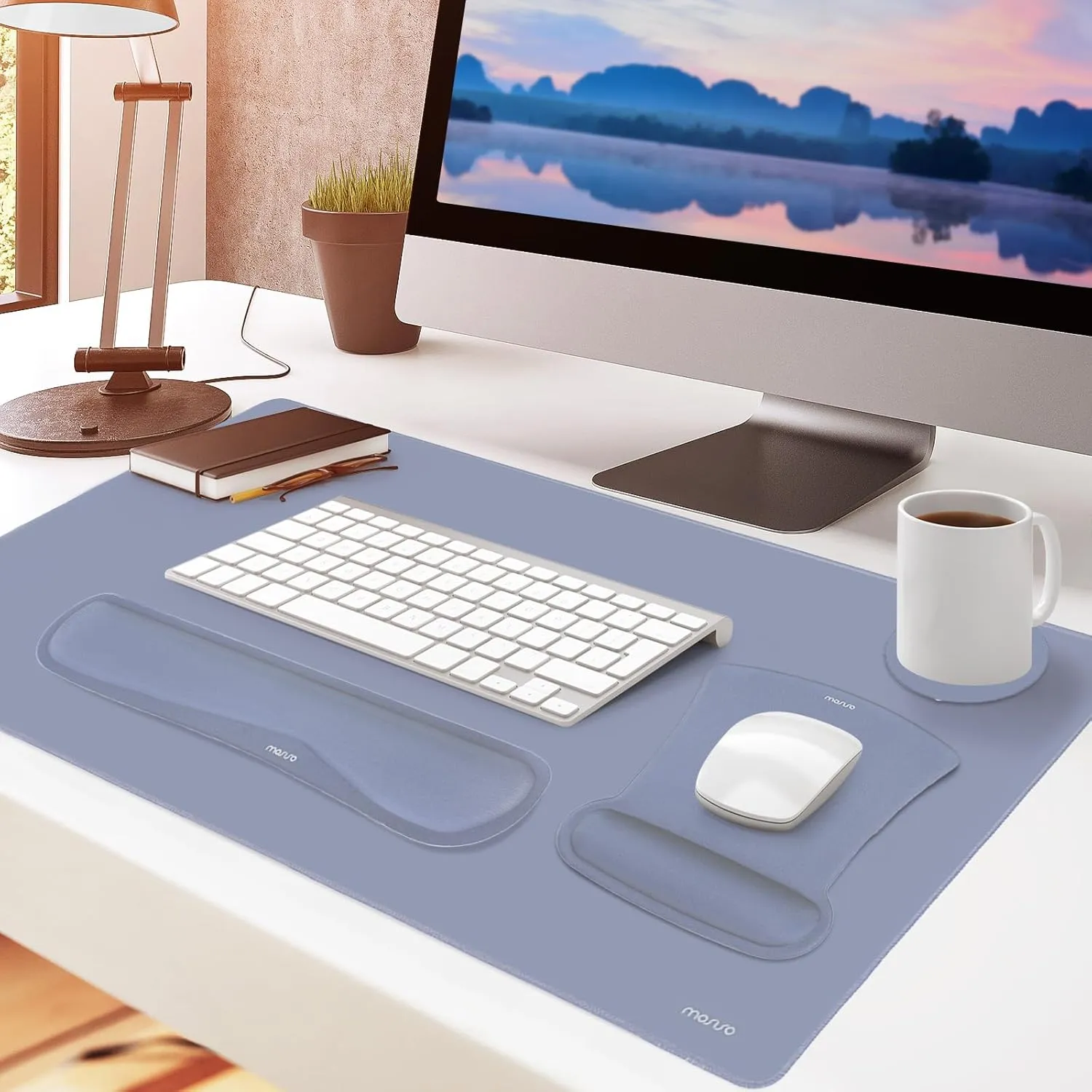 MOSISO Keyboard Mouse Pad Set, Large Gaming Mousepad&Keyboard Wrist Rest&Mouse Wrist Rest&Coaster, Ergonomic Non-Slip Mousepad&Easy Typing Cushion with Memory Foam for Home Office, Lavender Gray