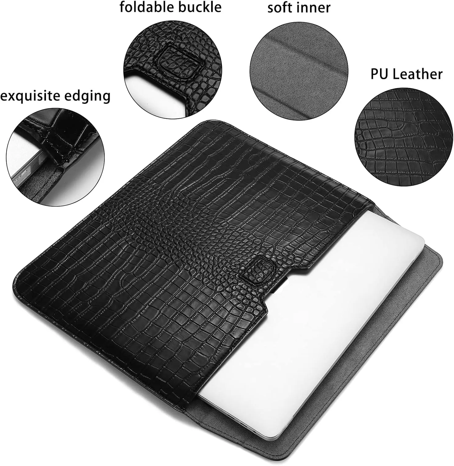 MOSISO Laptop Case 13.3 inch, 13-13.3 inch Laptop Sleeve Compatible with MacBook Air/Pro 13 / Pro 14, HP Dell ASUS Lenovo Notebook, Crocodile Grain PU Leather Flap Case Bag, Black